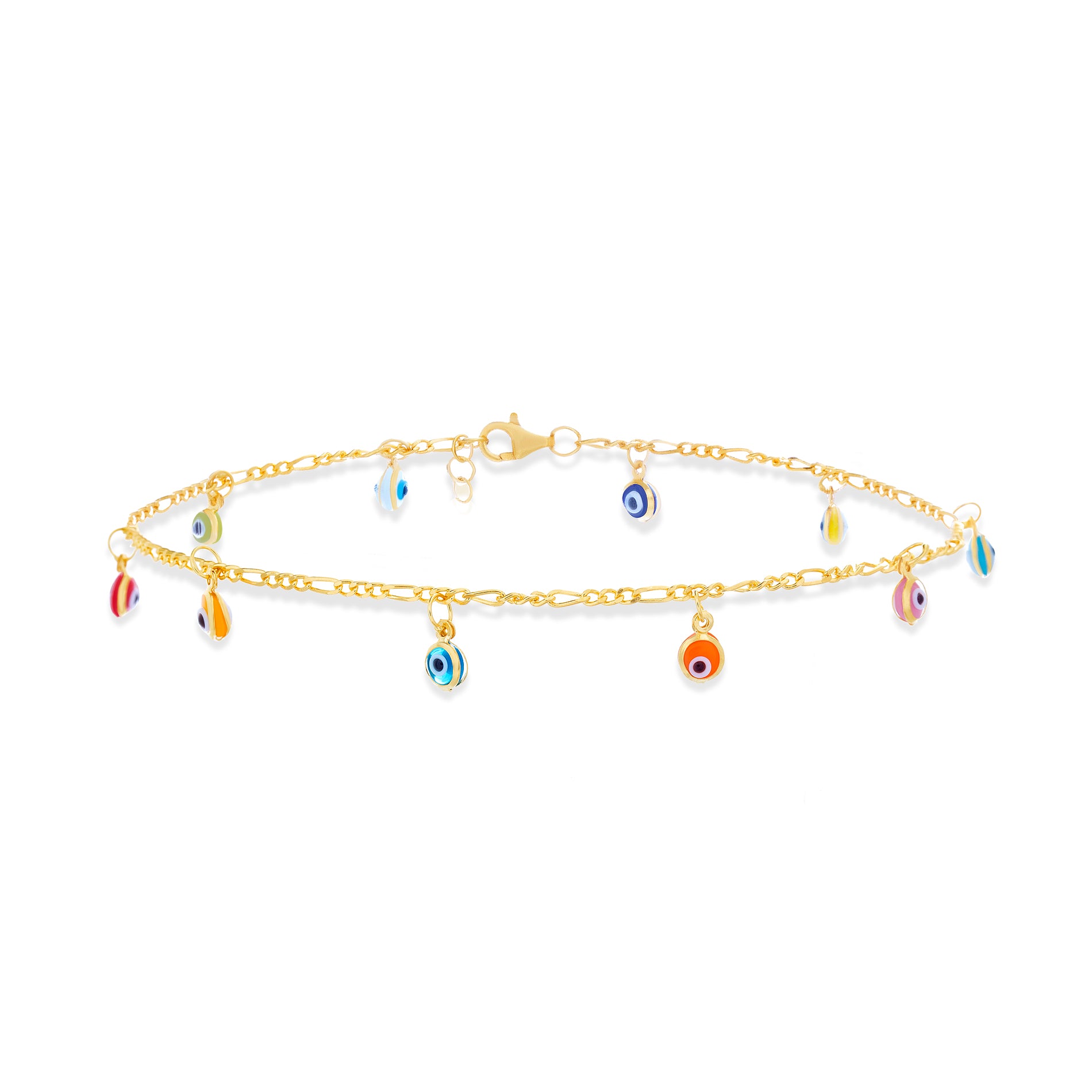 Sterling Silver Glass Multicolored Figaro Chain Anklet