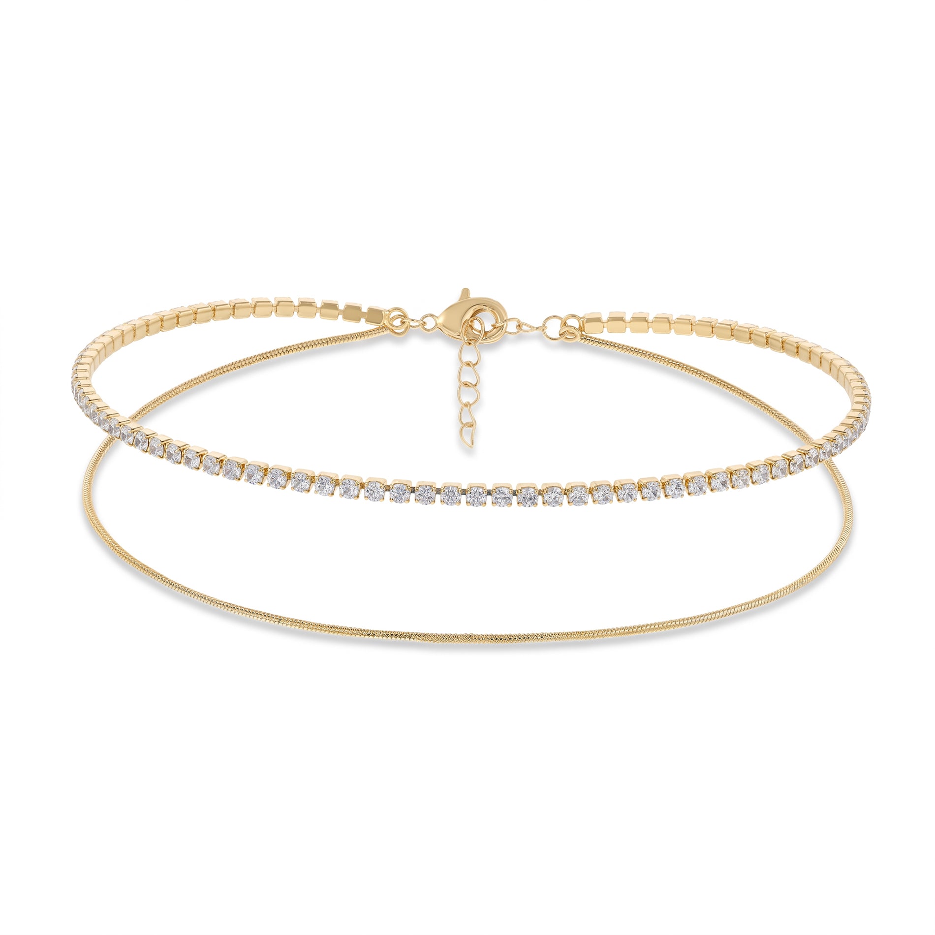 Gold-Plated CZ Tennis & Paperclip Chain Double-Layer Anklet