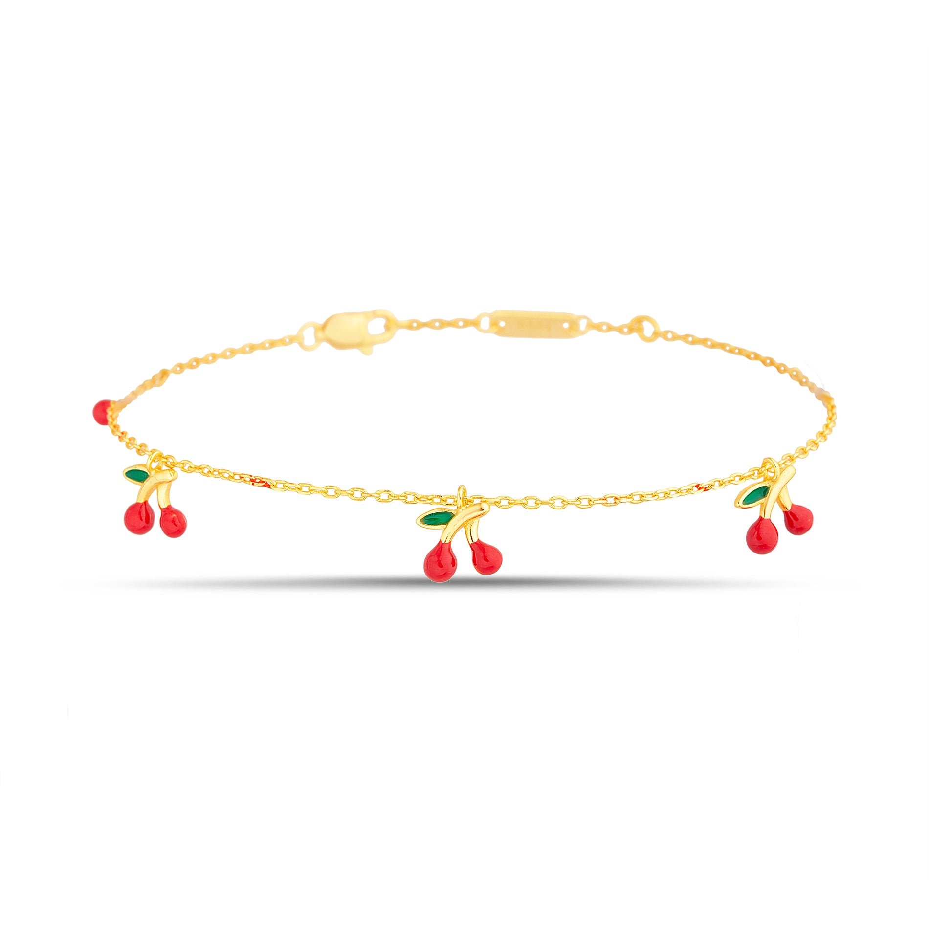 Gold Bracelet with Dangling Multicolored Green & Red Enamel Cherry Charms and 'Love' Tag