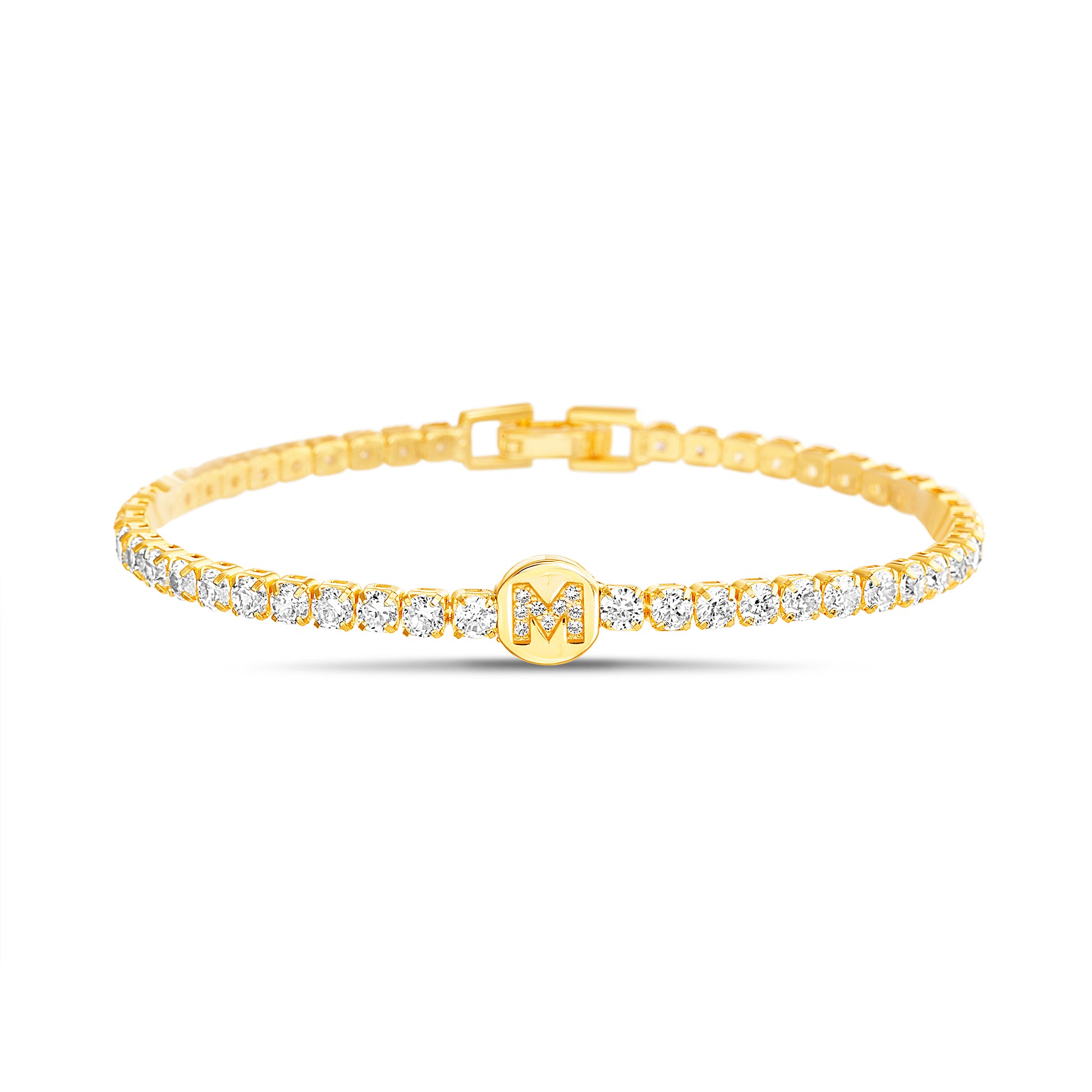 Brass 14K Gold Clear CZ Initial Tennis Bracelet