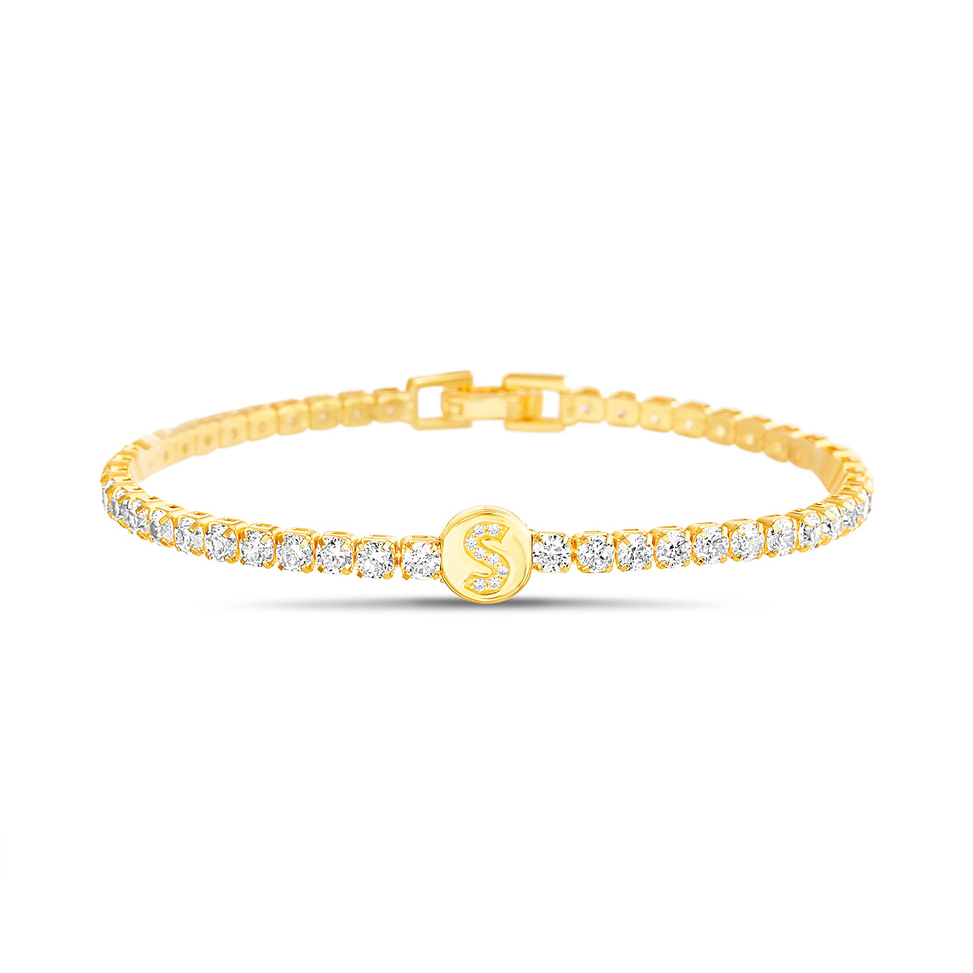 Brass 14K Gold Clear CZ Initial Tennis Bracelet
