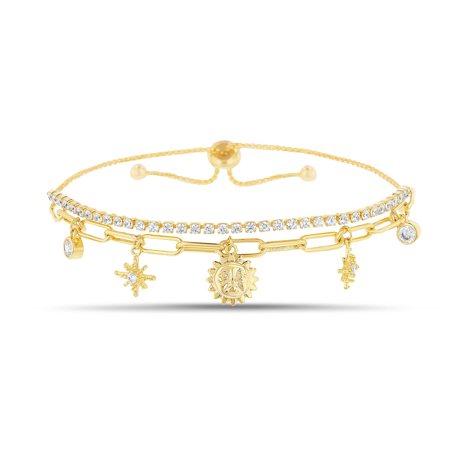 BRASS GOLD CROSS DOUBLE LAYER CHARM & SUNBURST SLIDER BRACELET