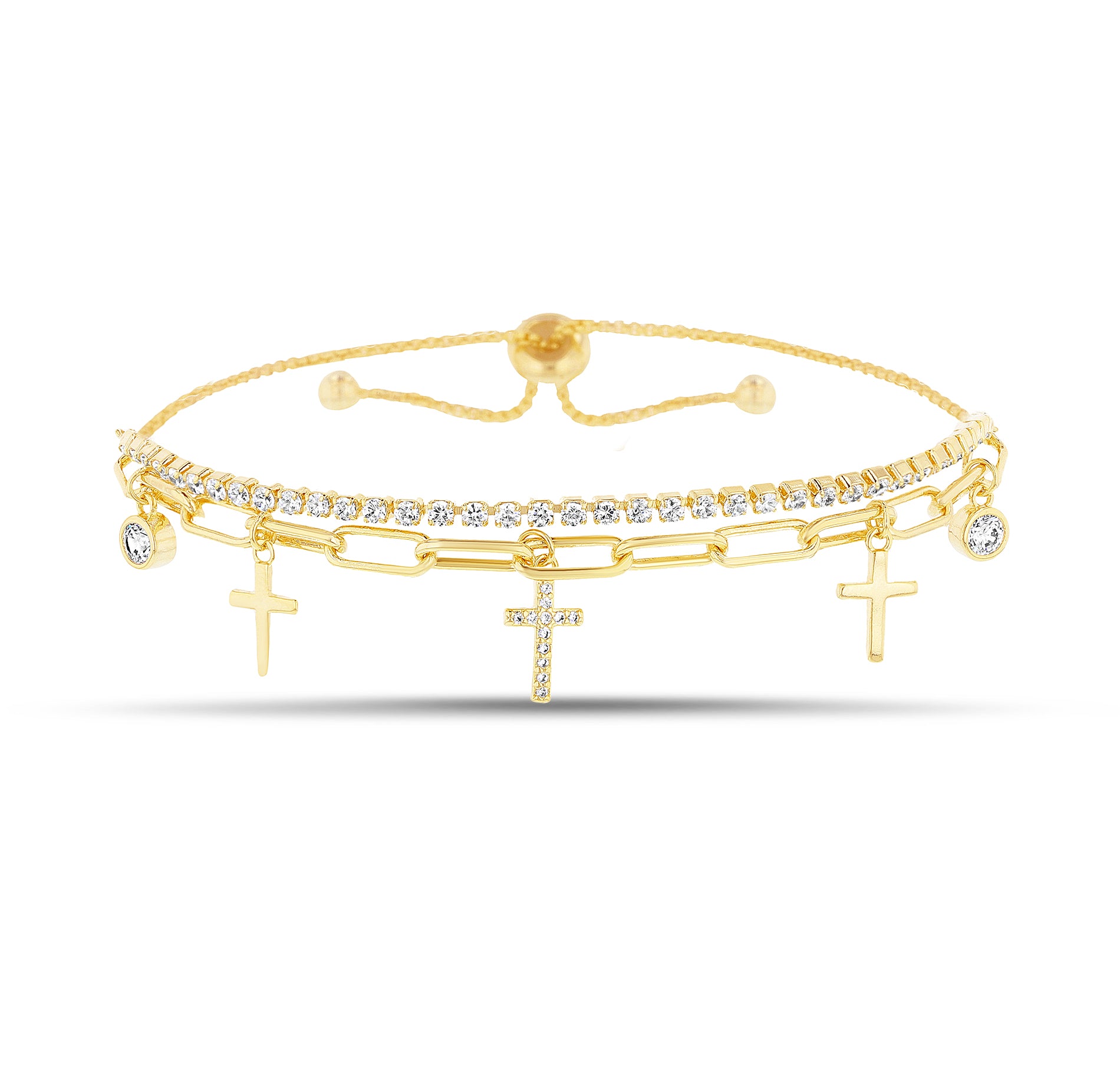 BRASS GOLD CROSS DOUBLE LAYER CHARM & SUNBURST SLIDER BRACELET