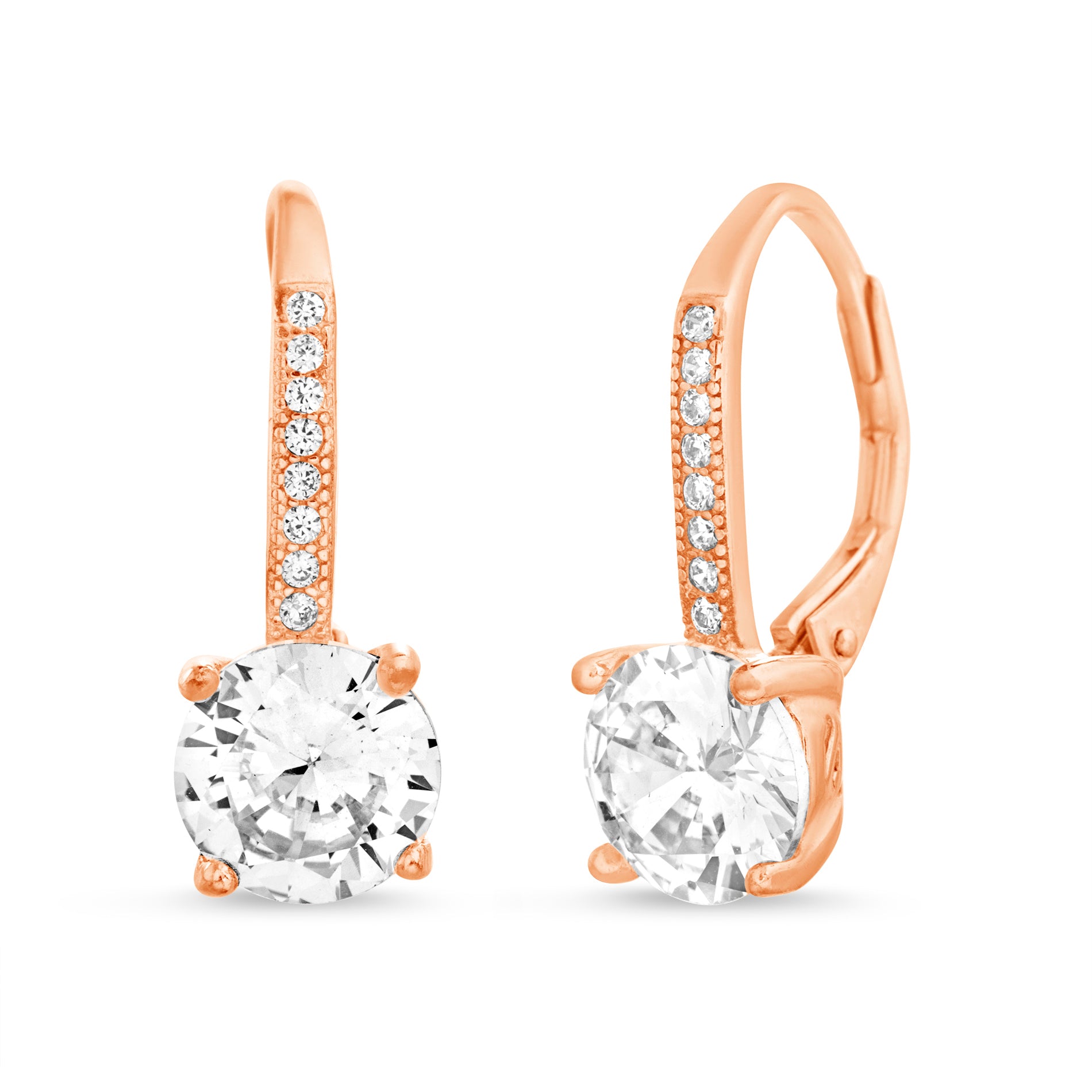 Sterling Silver Rose Gold Round CZ Leverback Earrings