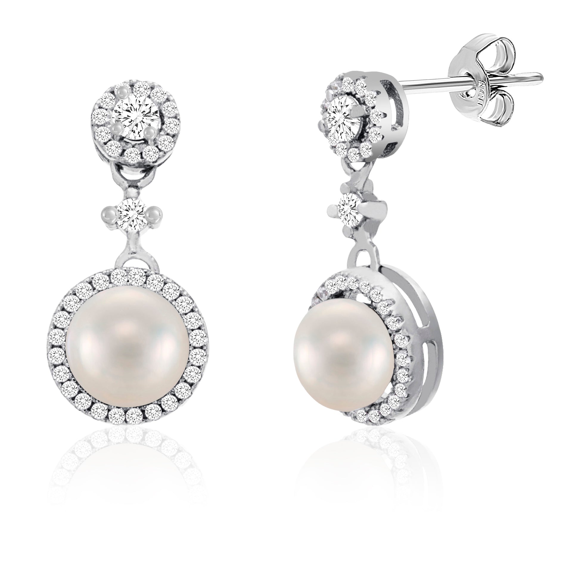 Silver Halo Pearl Dangle Earrings