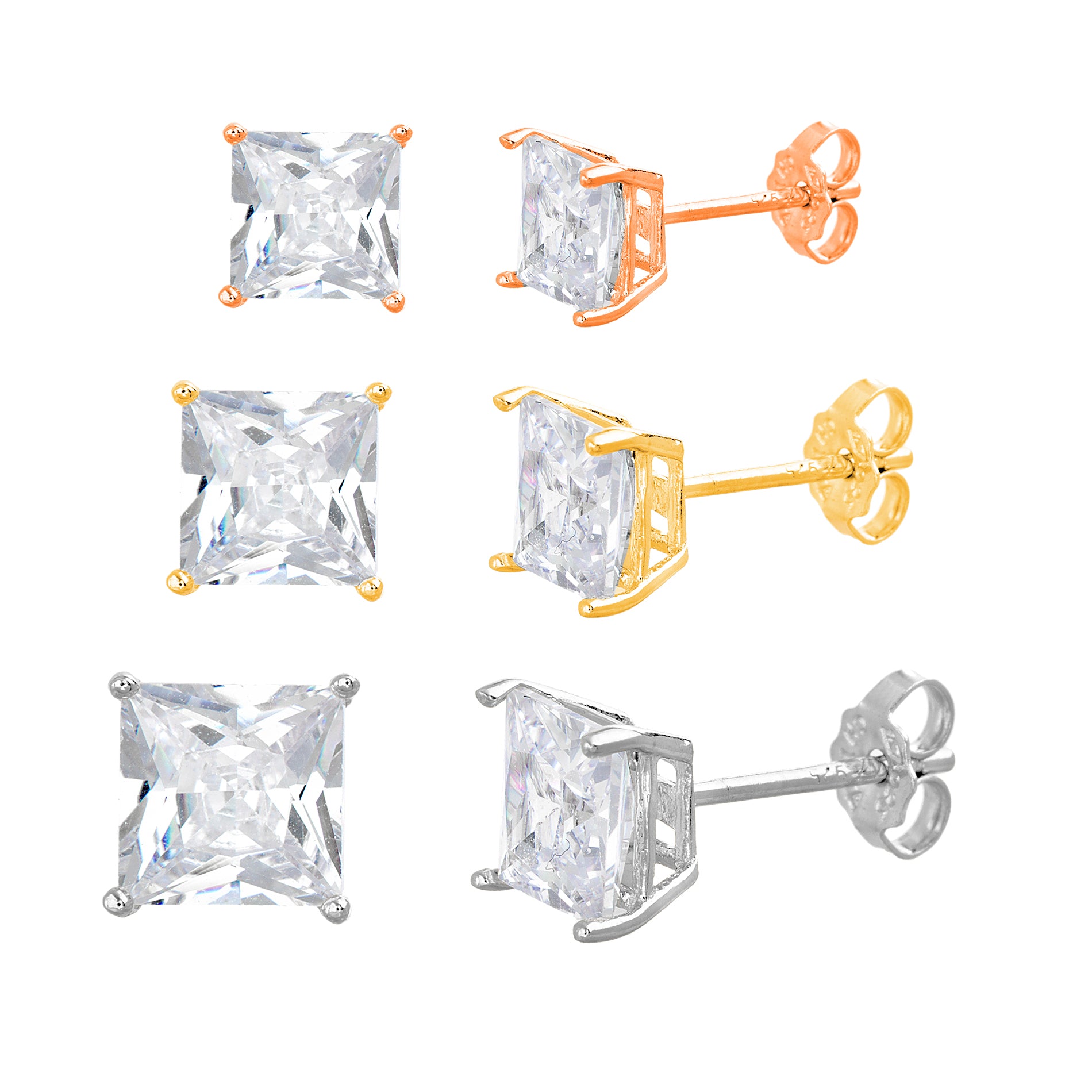 Sterling Silver Tri-Color Princess-Cut CZ Stud Earrings Trio Set, 3–5mm