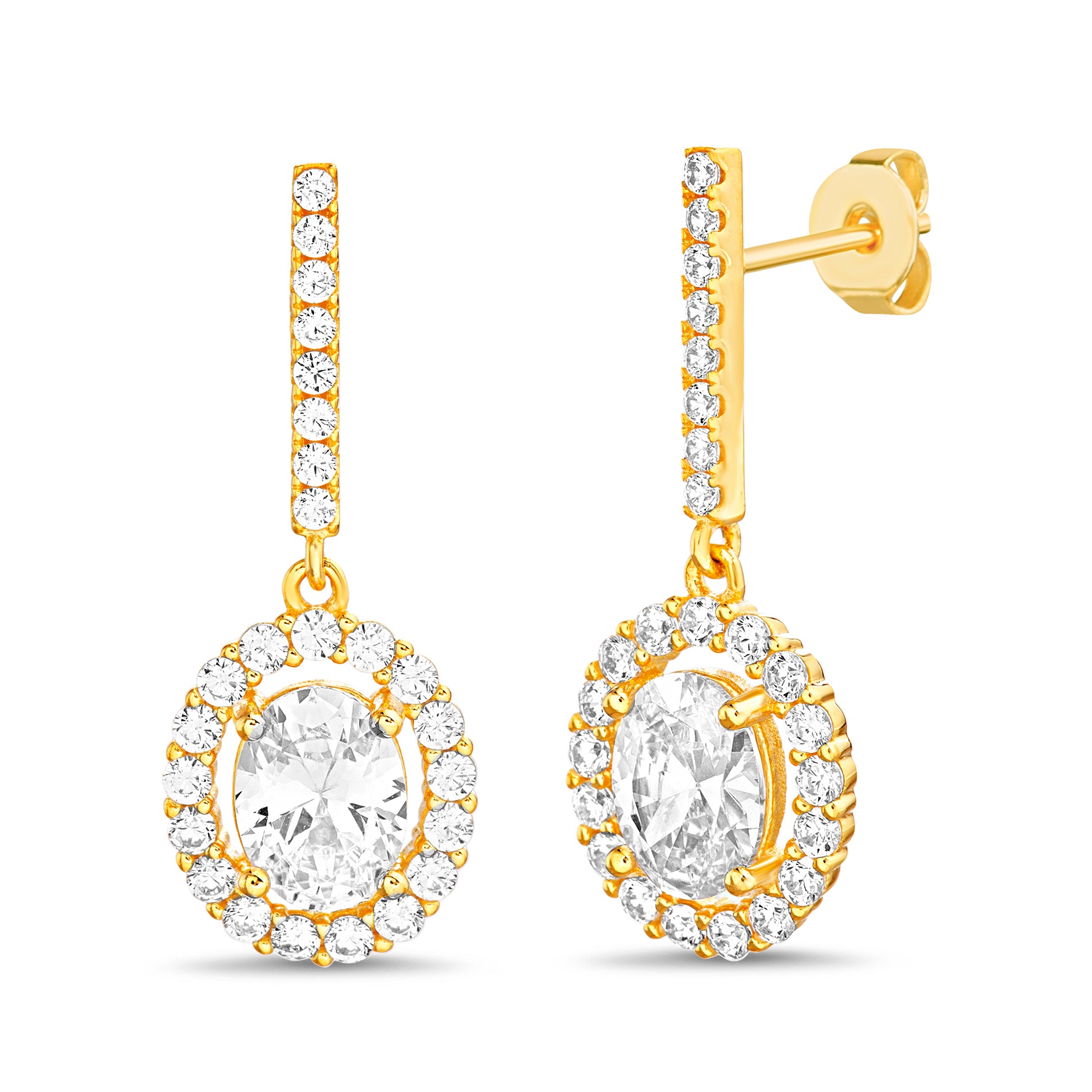 Sterling Silver Gold Bar & Oval CZ Post Earrings