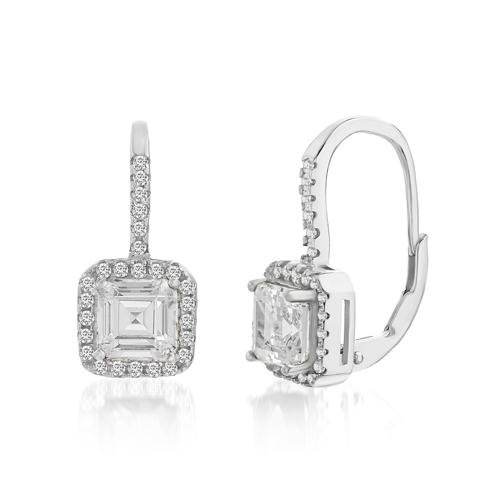 Rhodium-Plated Sterling Silver Halo Square CZ Lever Back Earrings