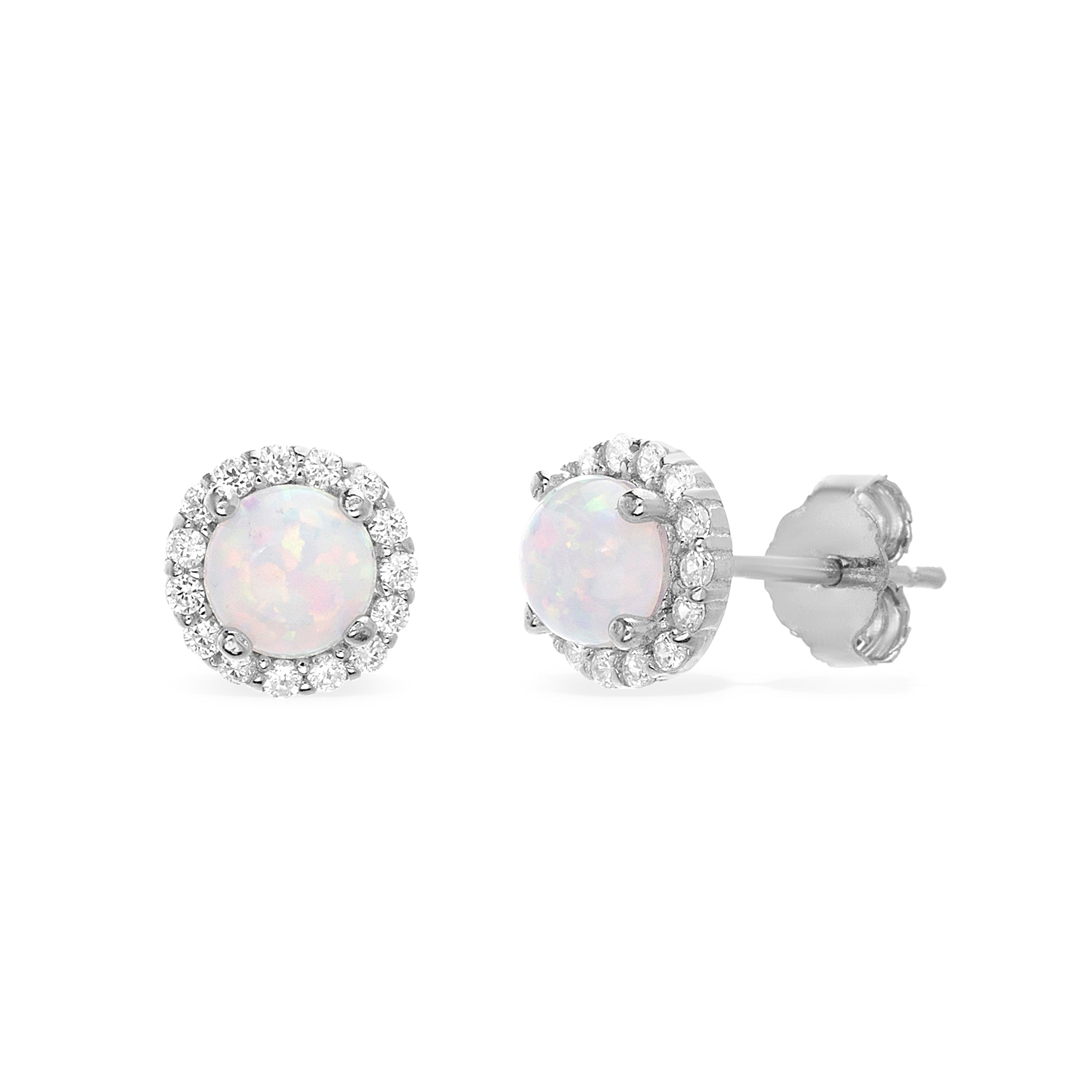 Silver White Opal Halo Post Earring