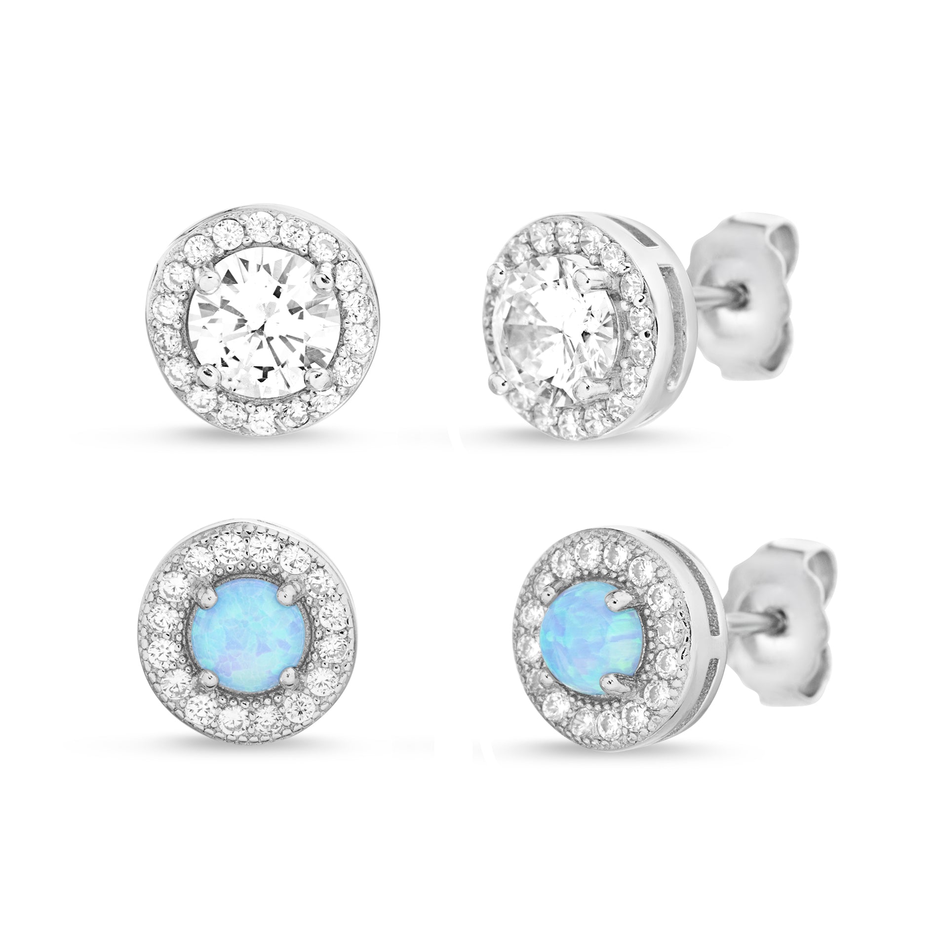Sterling Silver Blue Opal & CZ Halo Duo Stud Earring Set