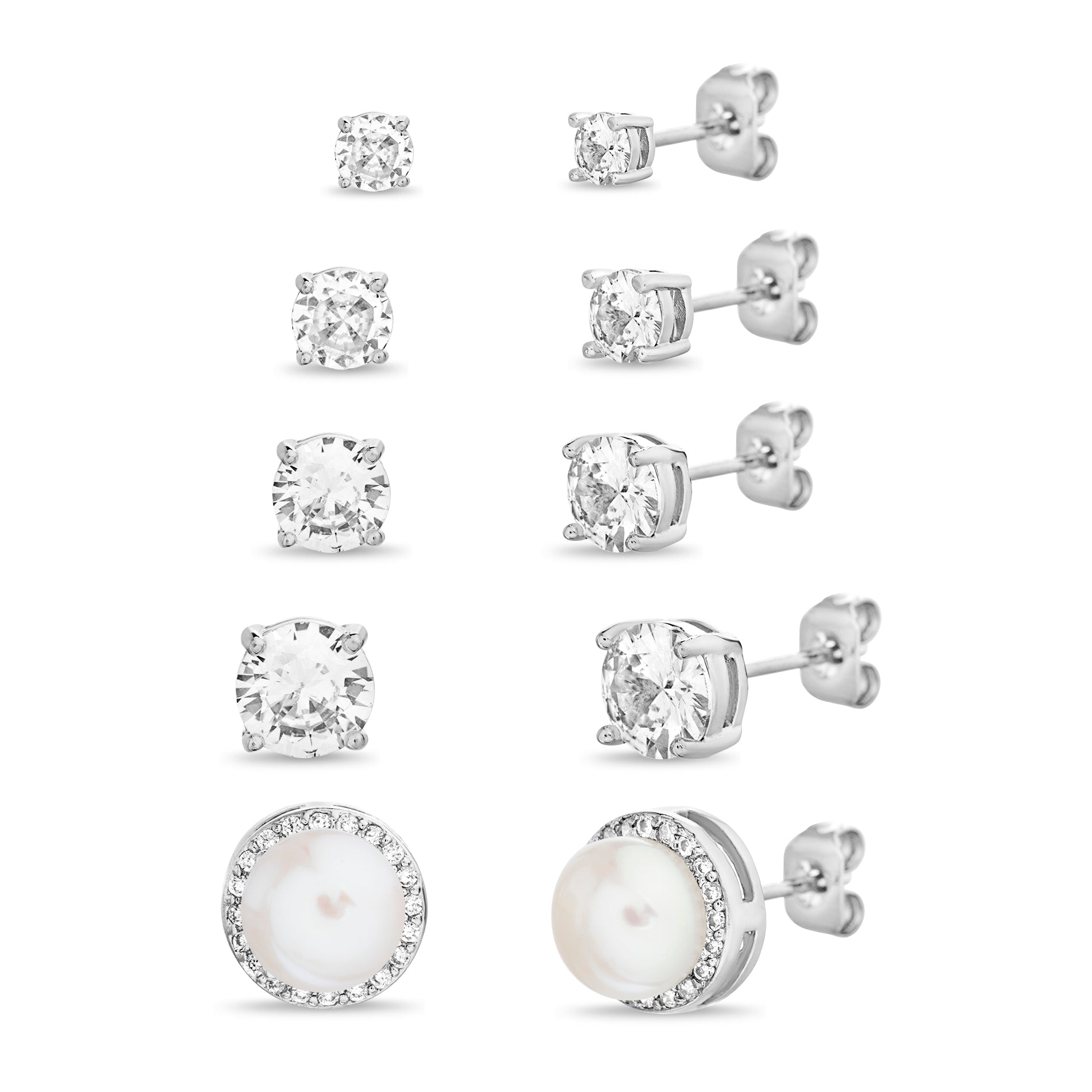 Sterling Silver Rhodium 3MM/4MM/5MM/6MM Round CZ & Pearl 5-Piece Earrings Set