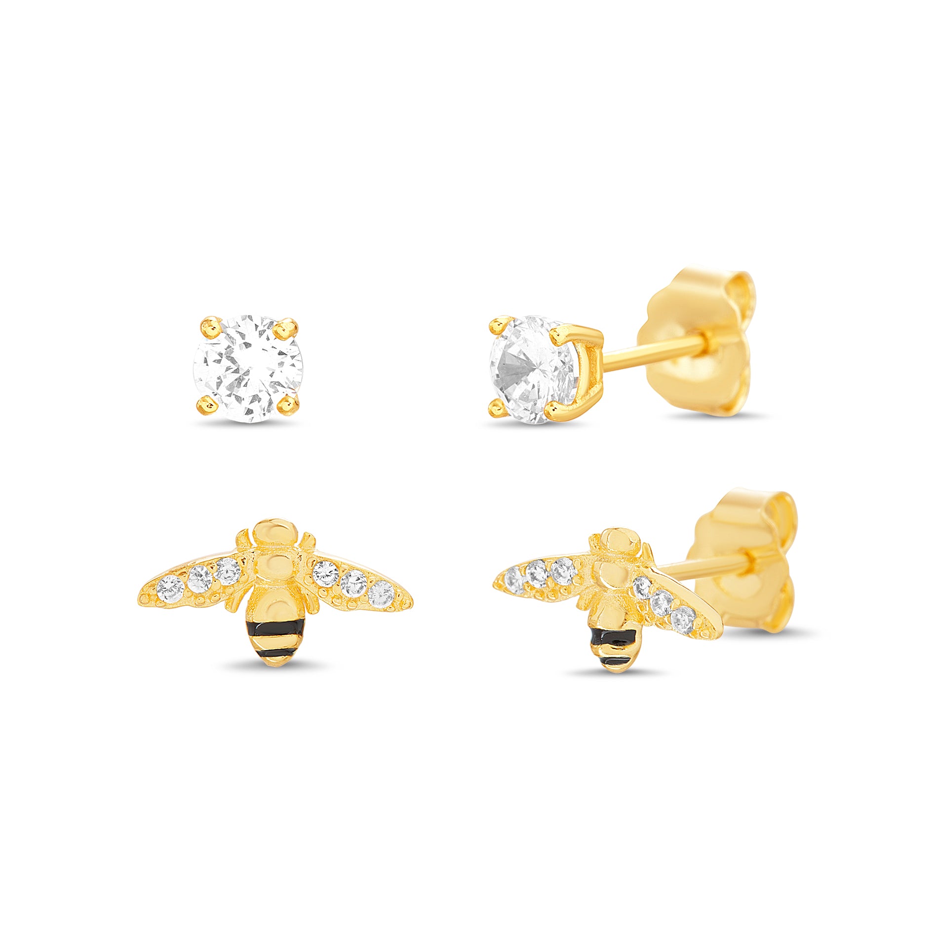 Yellow Gold CZ Stud & Bee Earring Set