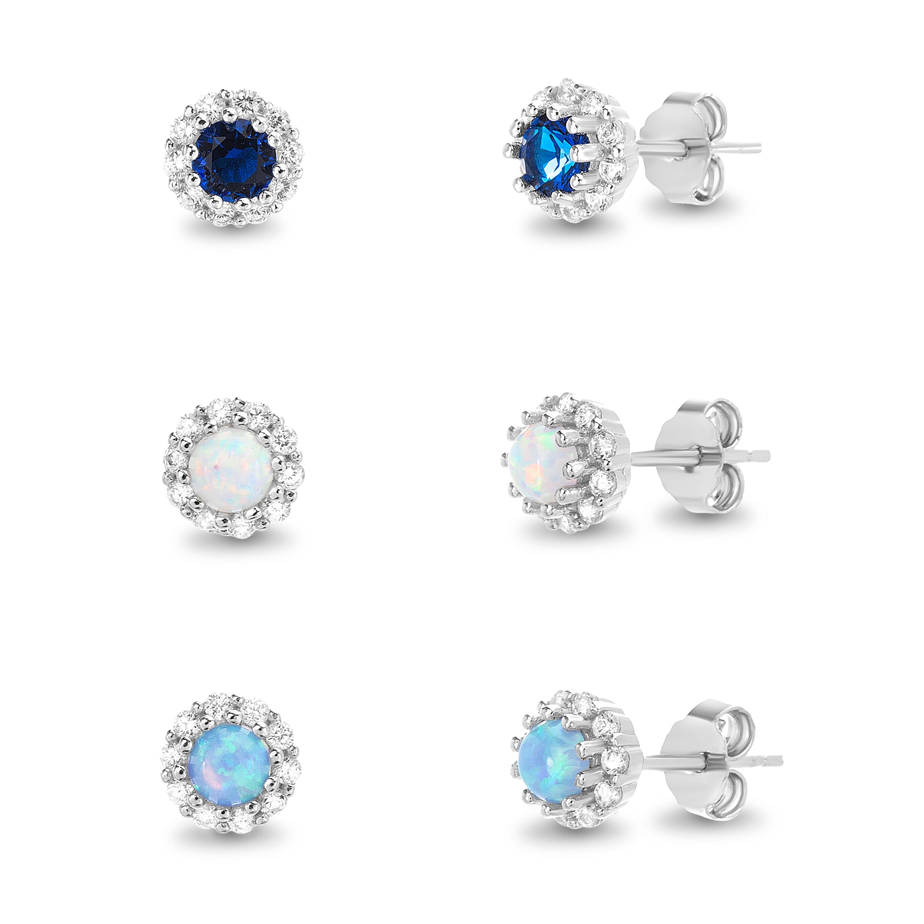 Sterling Silver Rhodium Sapphire/White Opal/Blue Opal Flower Earrings Set