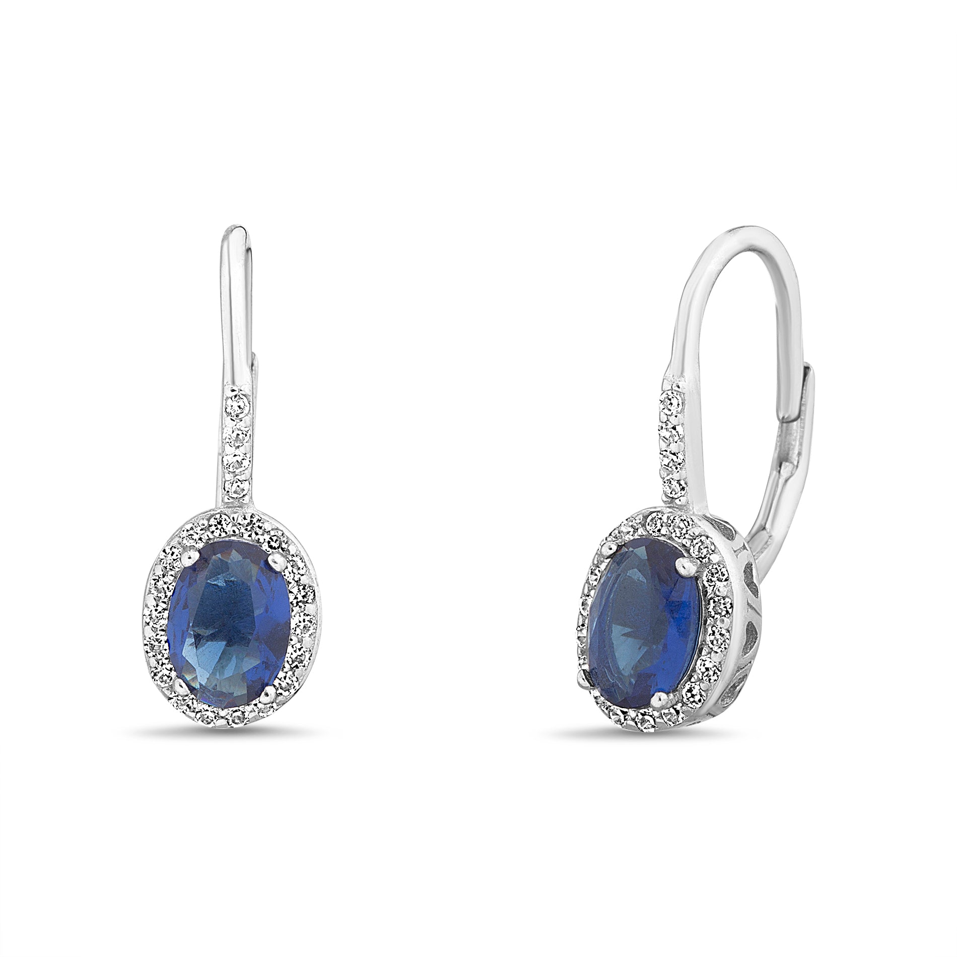 Rhodium-Plated Sterling Silver Leverback Earrings with Sapphire Blue CZ & Clear Halo Accent