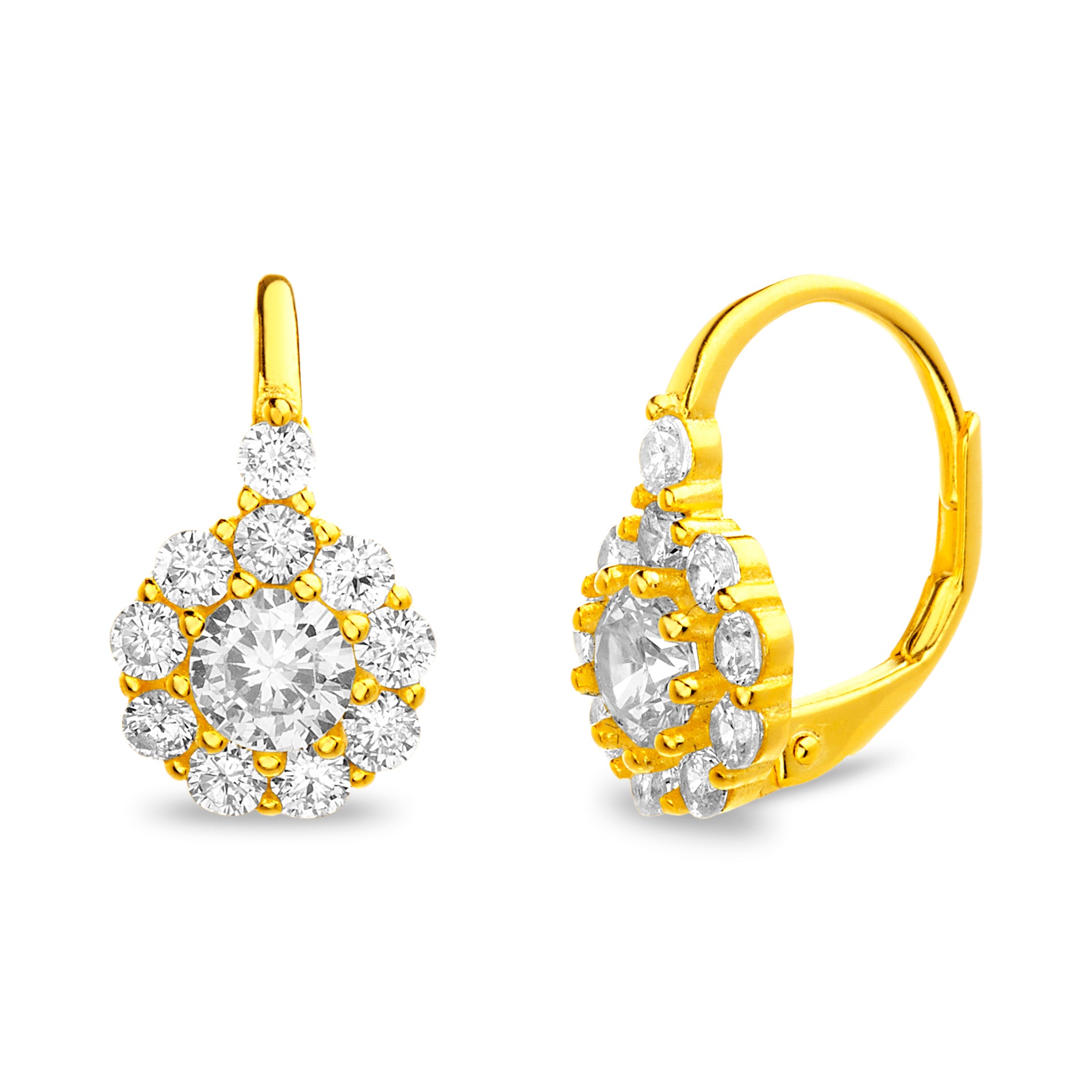 Yellow Gold CZ Flower Leverback Earrings