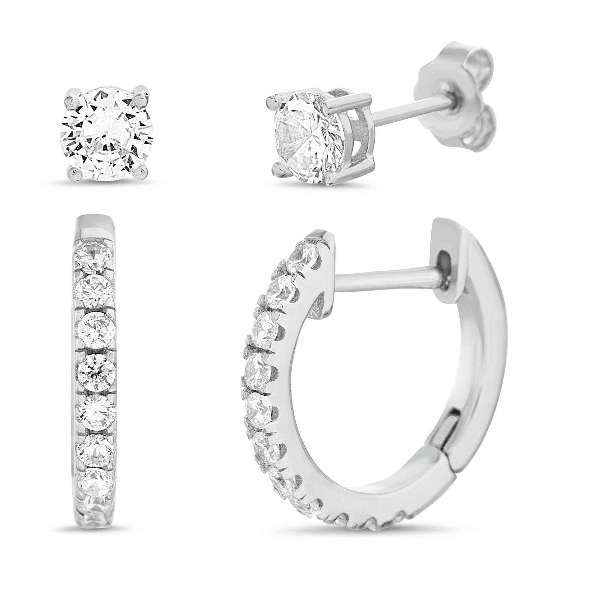 Sterling Silver CZ Huggie & Stud Duo Earring Set
