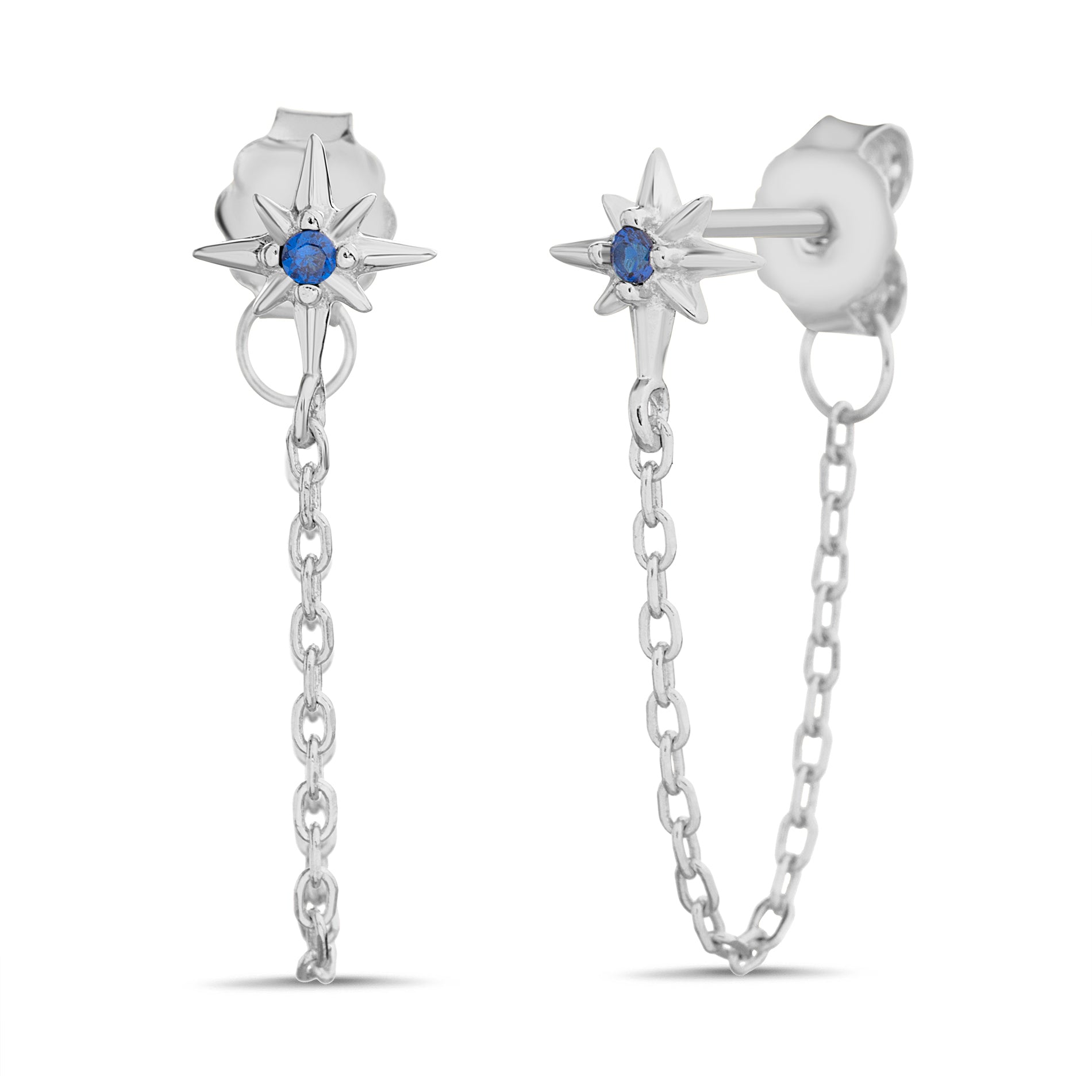 Sterling Silver Rhodium Starburst & Blue Sapphire Chain Front-Back Earrings
