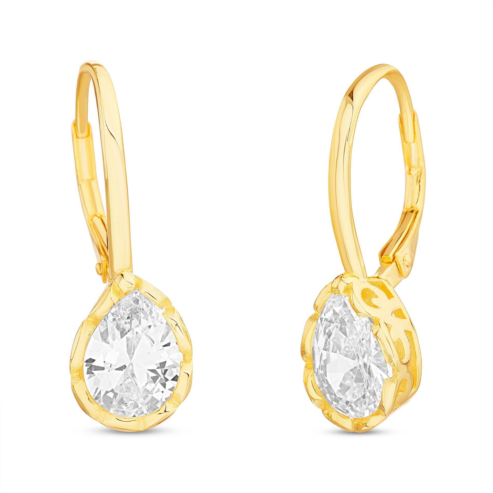 18K Brass Gold-Plated Pear or Oval CZ Leverback Earrings