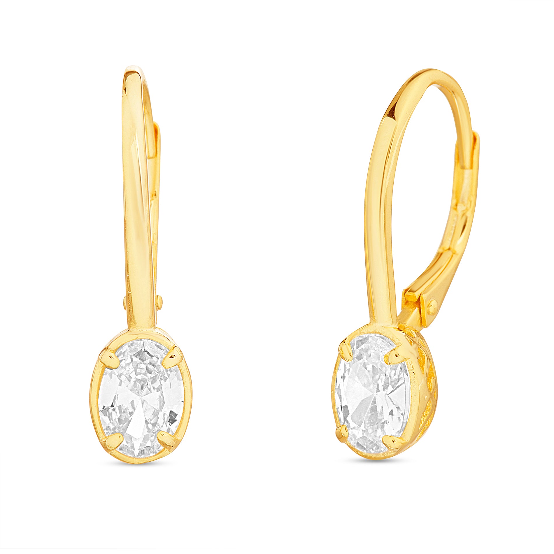 18K Brass Gold-Plated Pear or Oval CZ Leverback Earrings