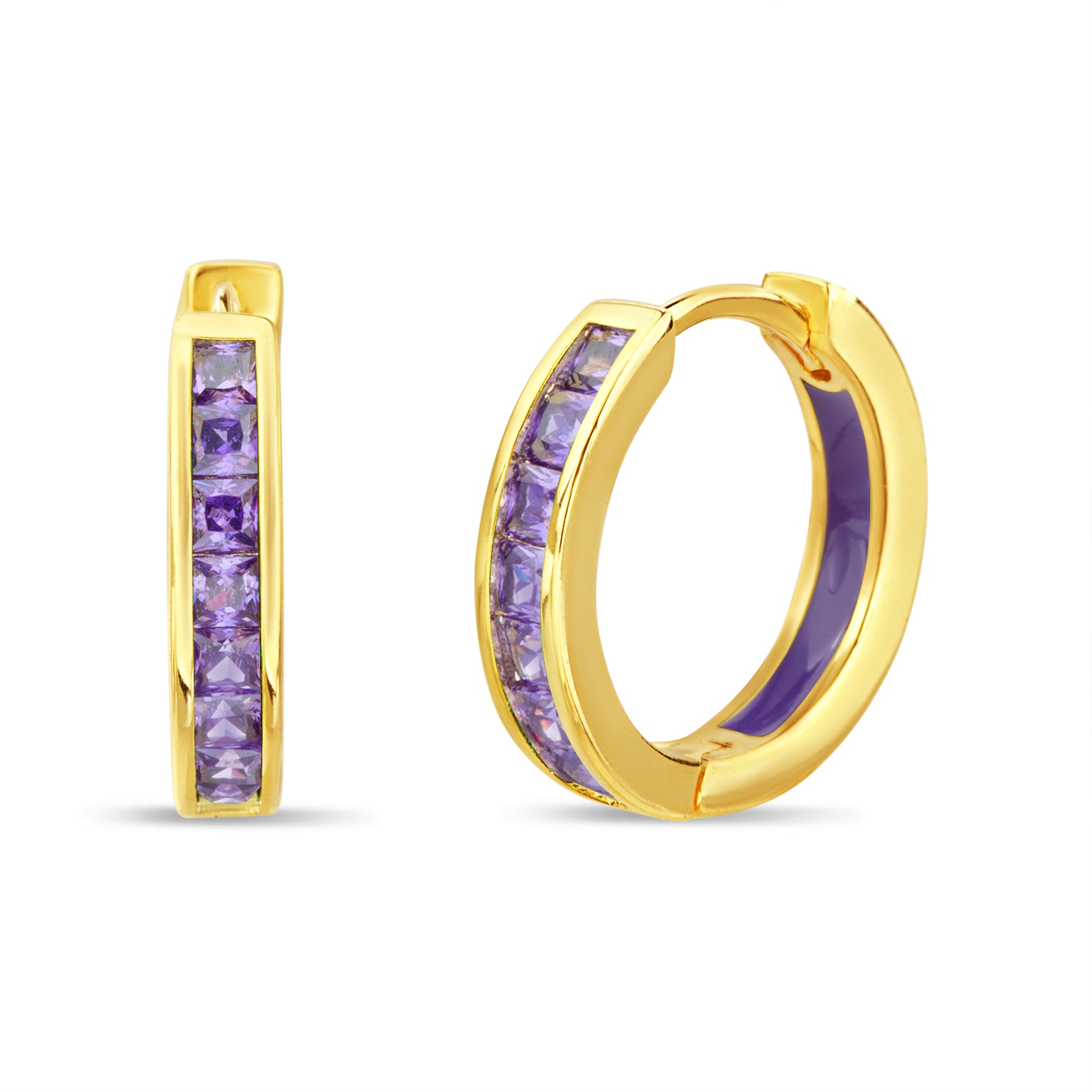 Sterling Silver Gold Purple CZ & Enamel Huggie Earrings