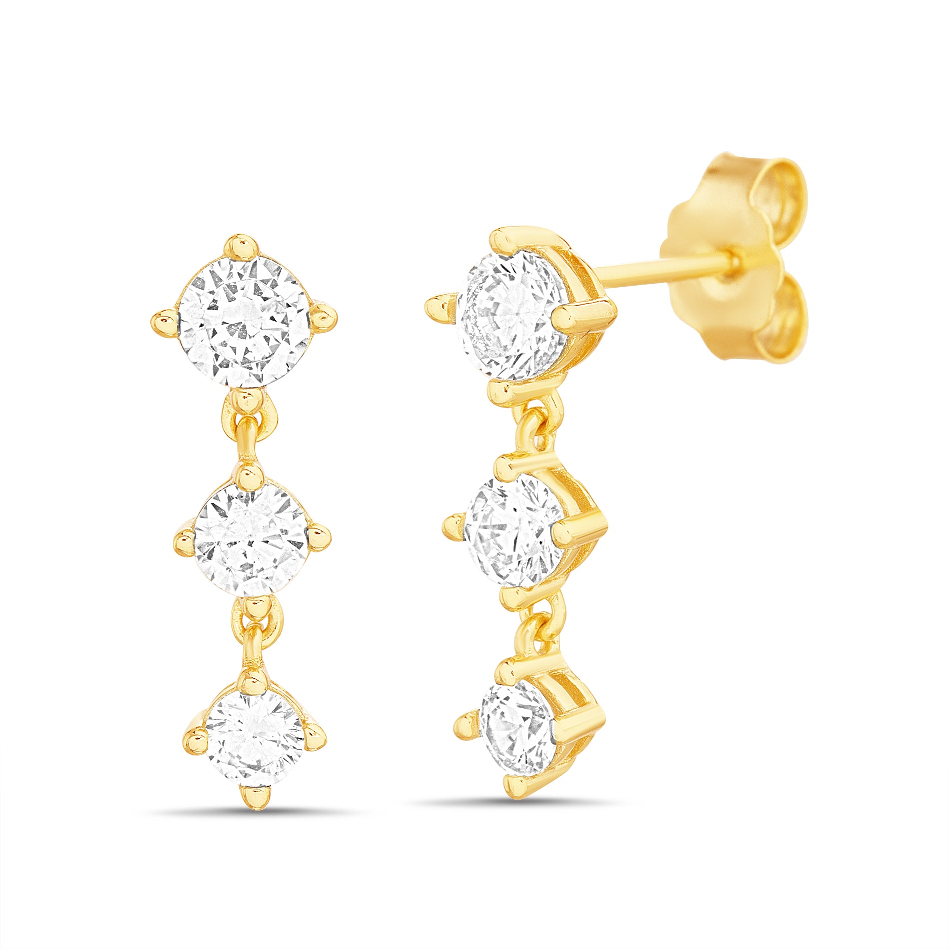 Sterling Silver Gold Round Clear CZ Cascade Earring