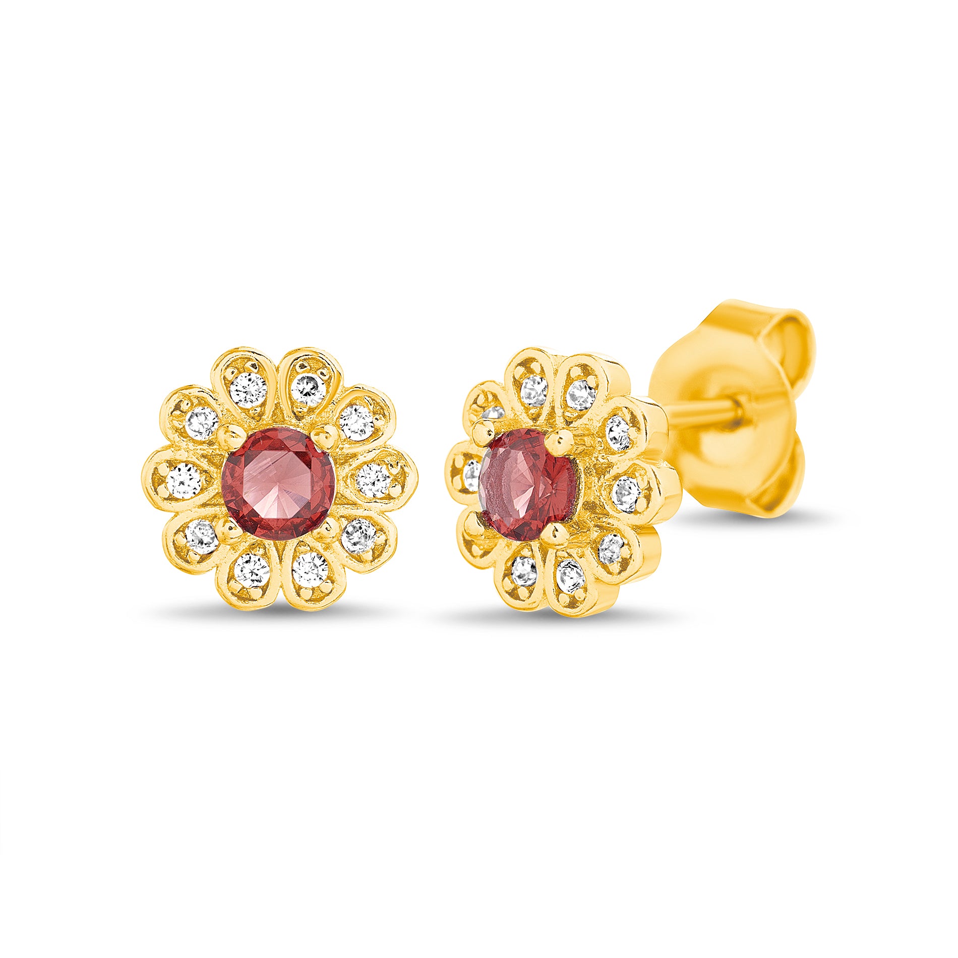 Sterling Silver Gold Clear CZ Red Channel-Set Flower Earrings