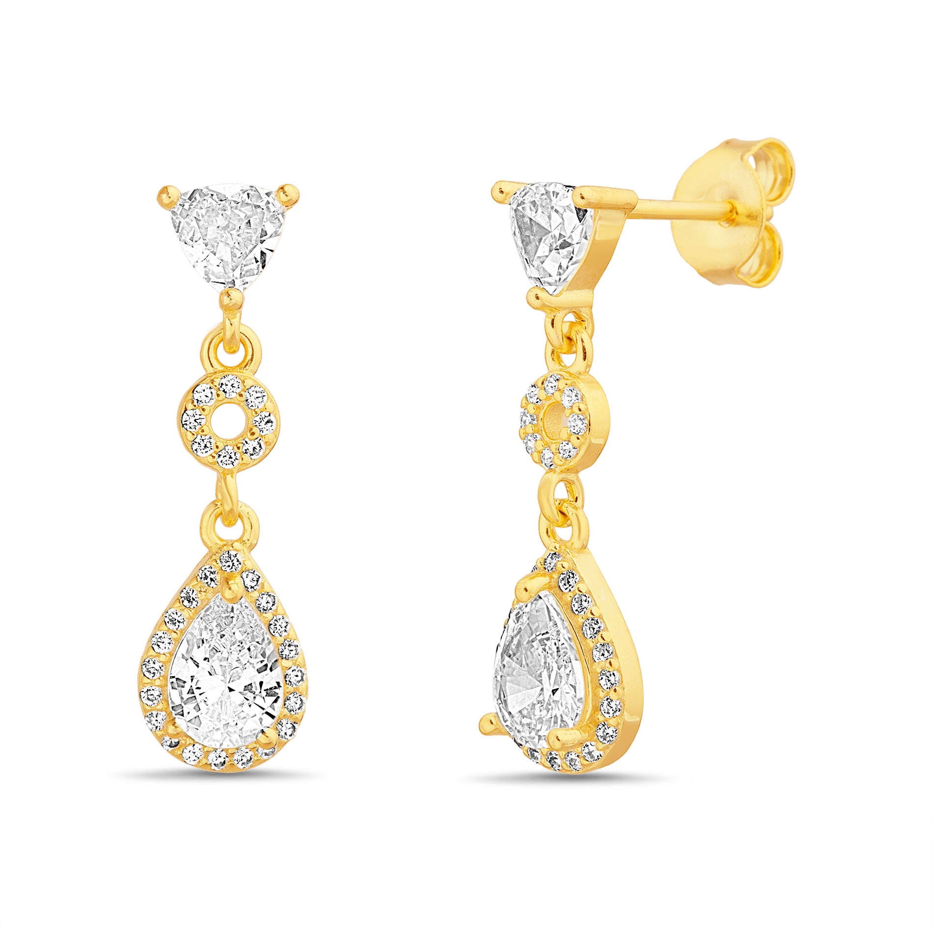 Sterling Silver Gold Clear CZ Dangle Pear-Shaped Earrings with Halo