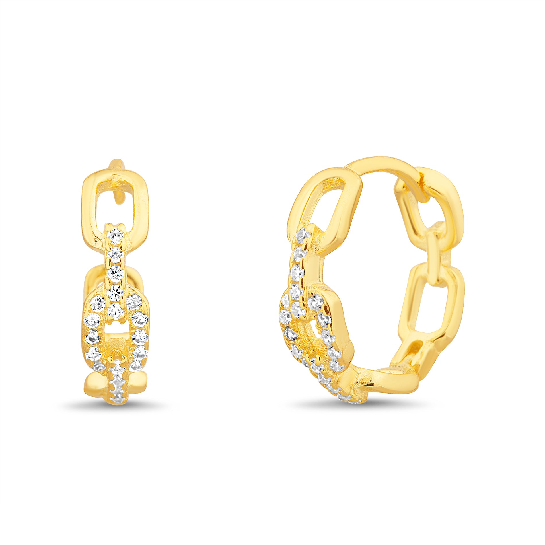 Sterling Silver Gold Clear CZ Square Link Earrings