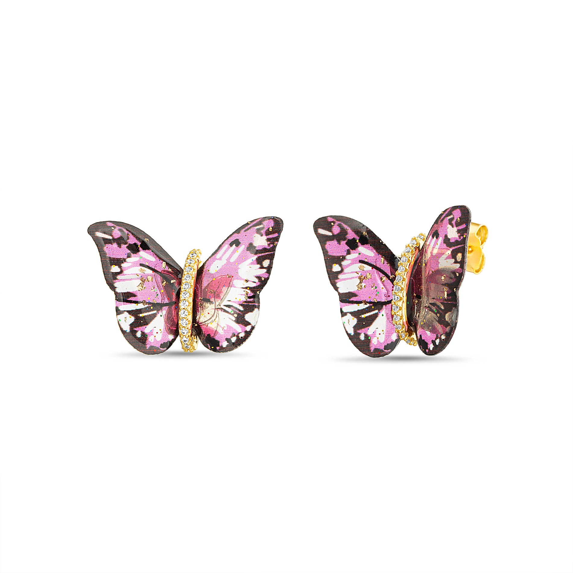 Sterling Silver Gold CZ & Multicolor Resin Butterfly Earrings