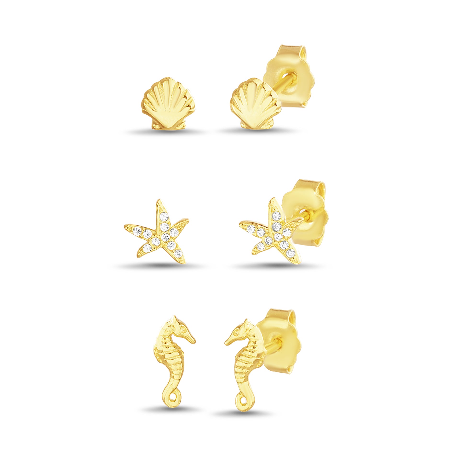 Gold CZ Ocean Trio Stud Earrings – Starfish, Shell & Seahorse Set