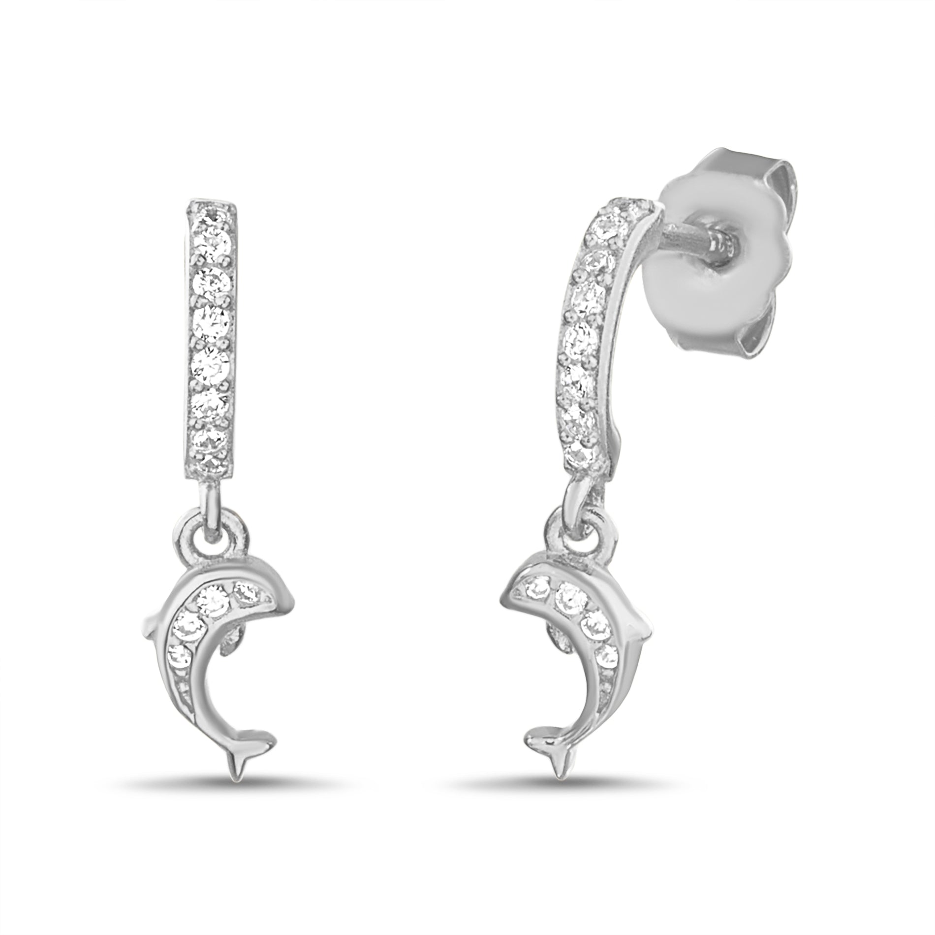 Sterling Silver Rhodium CZ Fish Dangle Post Earrings