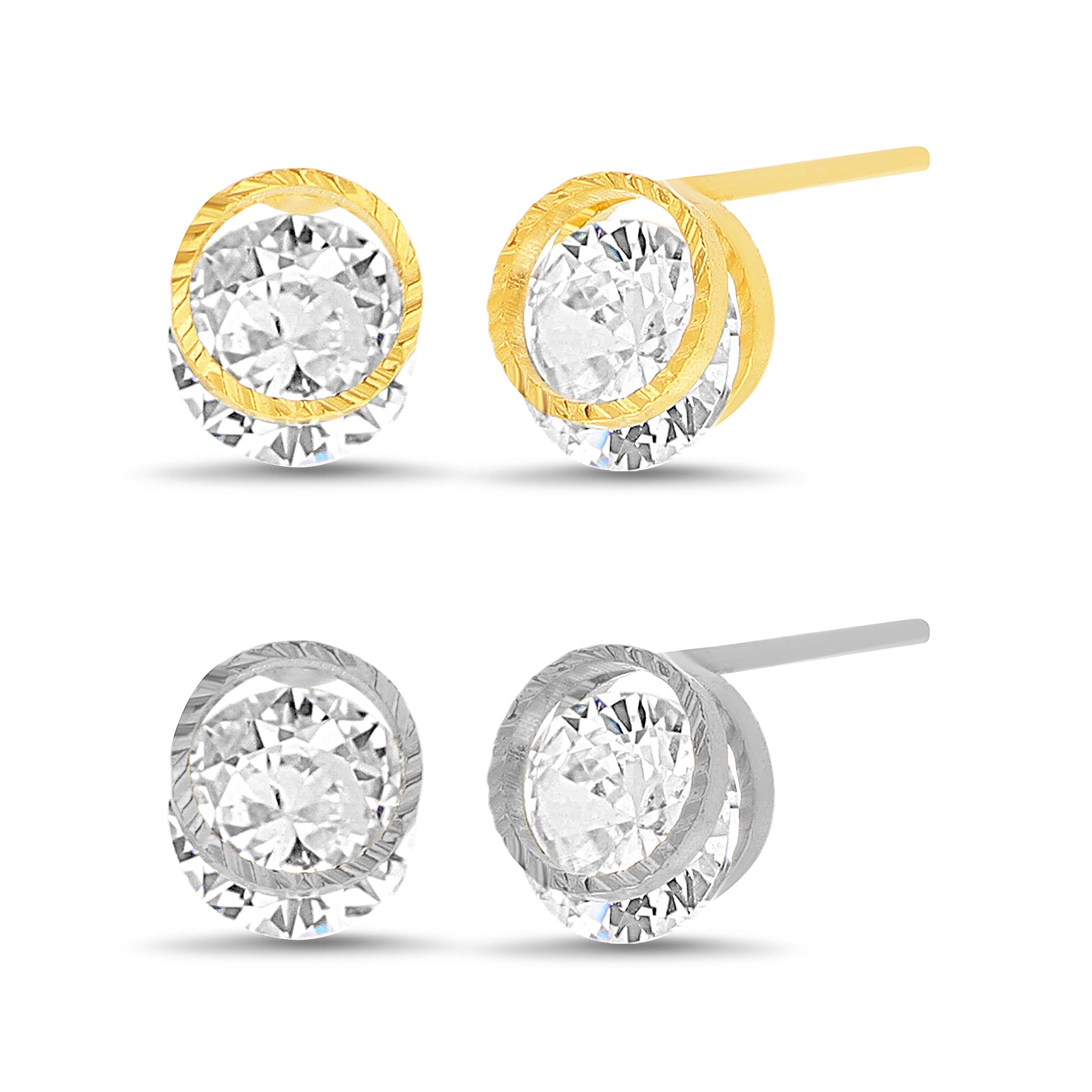 Sterling Silver Two-tone Gold and Rhodium Round Stud Earring Set