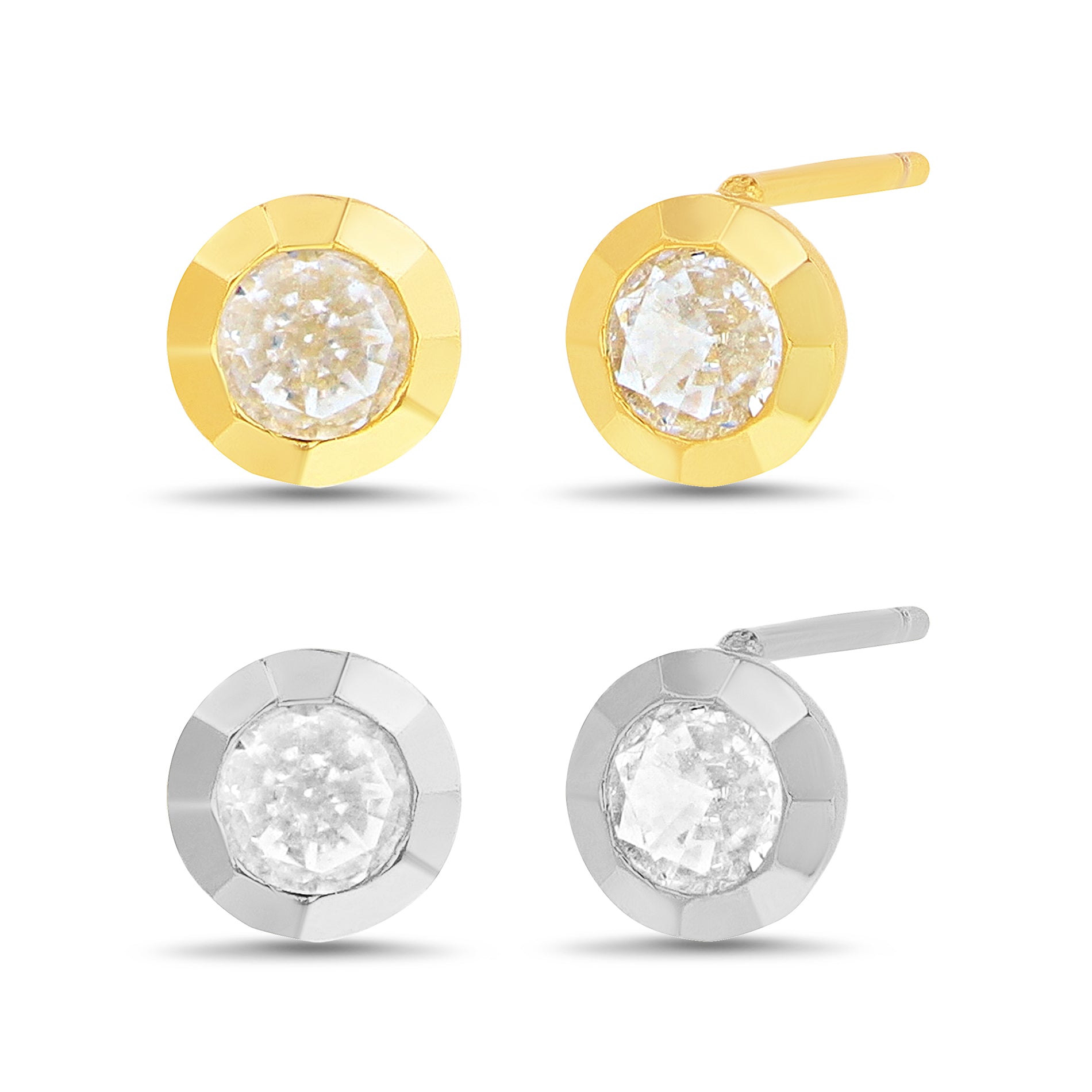 Sterling Silver Two-tone Gold and Rhodium Round Stud Earring Set