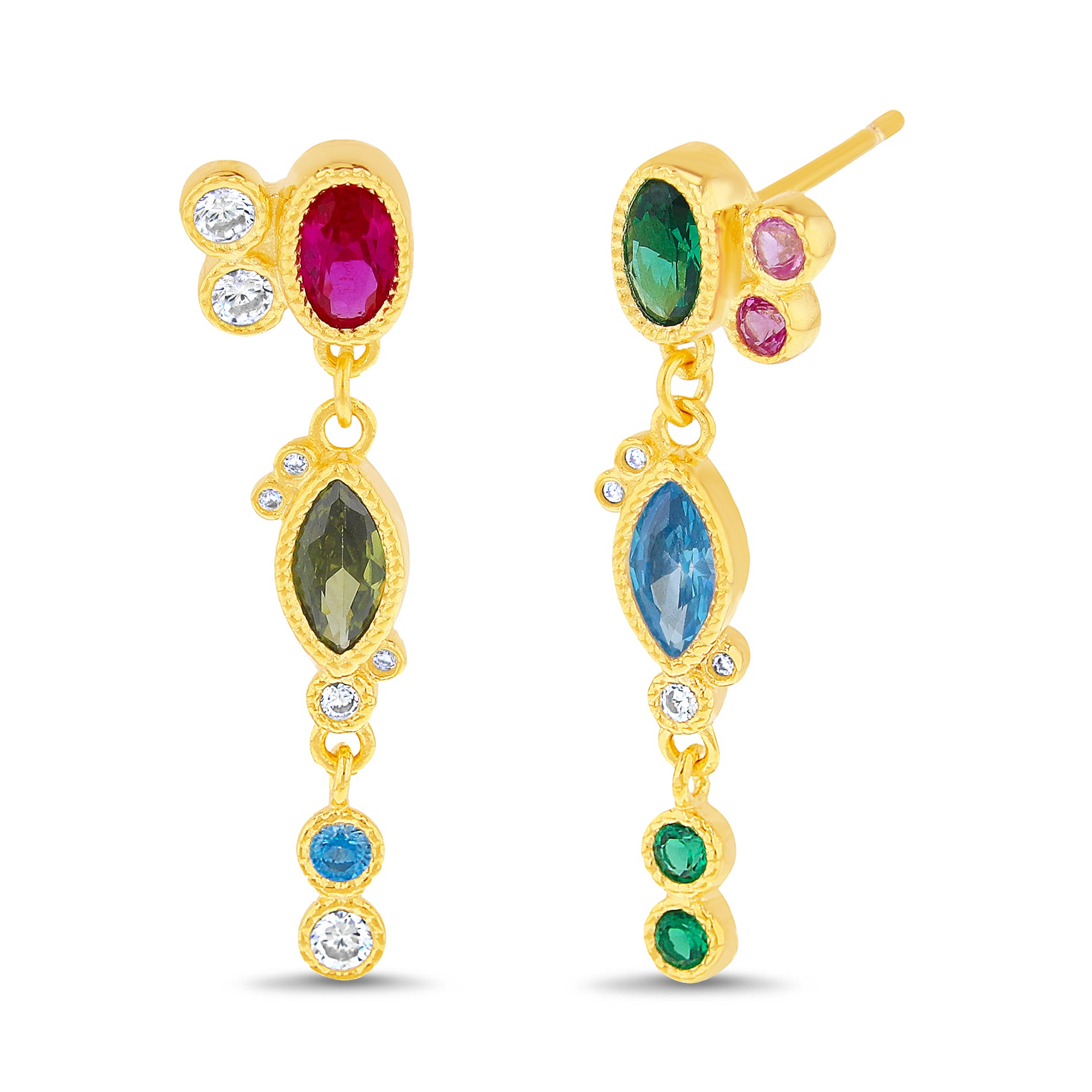 Gold-Tone Sterling Silver Multicolor CZ Drop Earrings – Oval & Marquise Design
