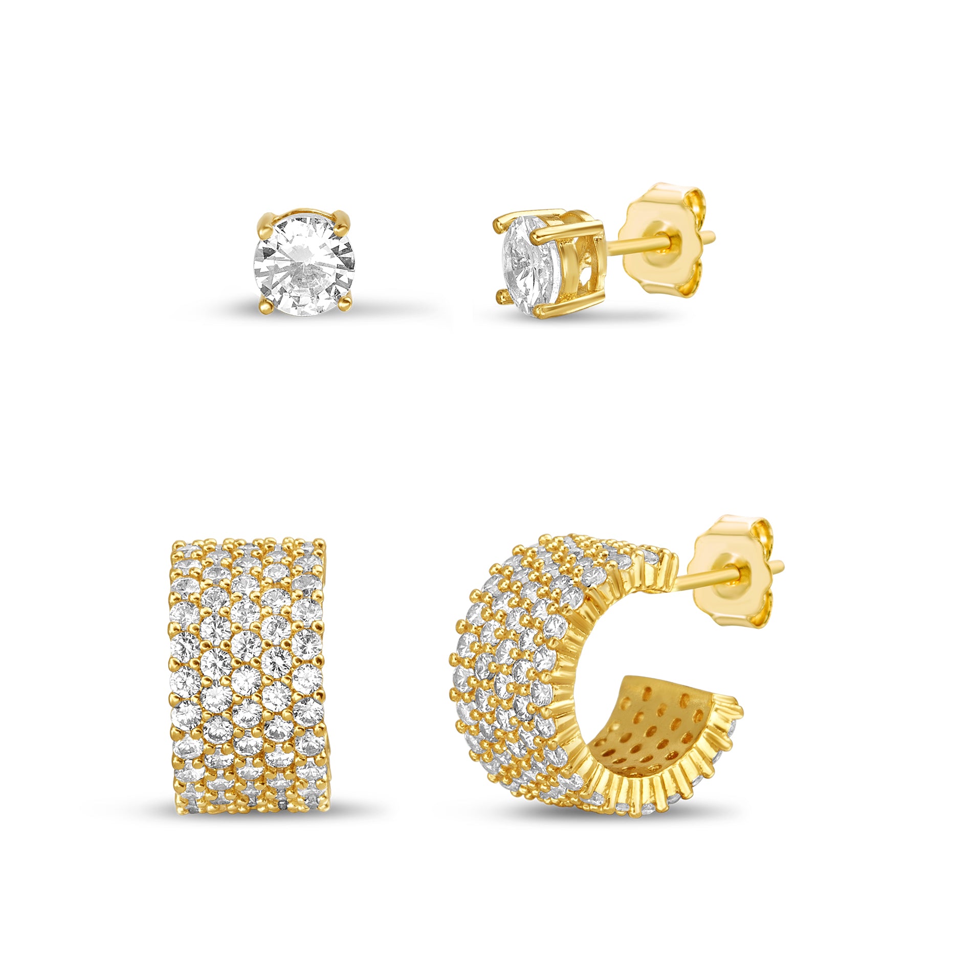 Brass CZ Stud & Wide C-Hoop Duo Earring Set