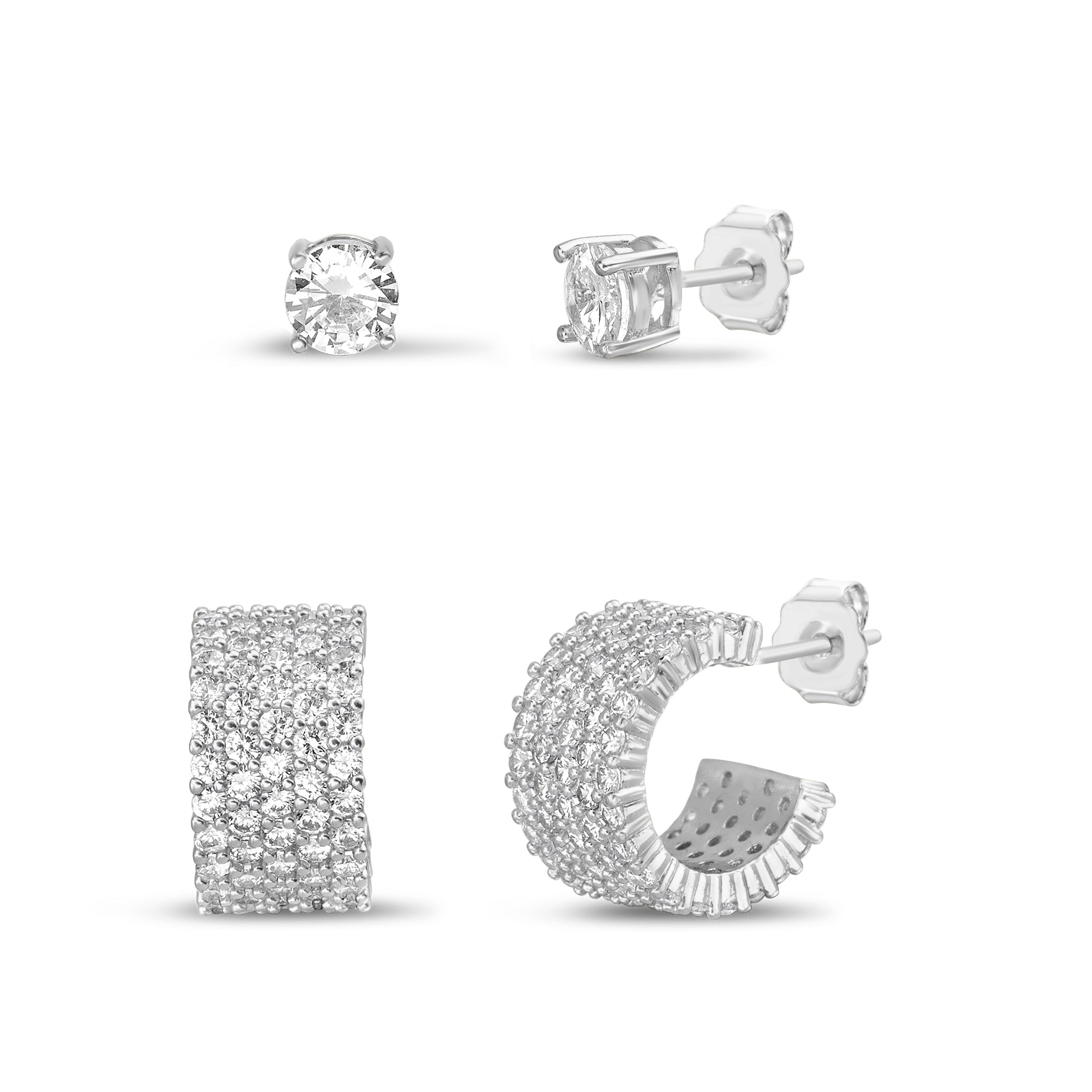 Brass 6mm CZ Stud & Wide C-Hoop Duo Earring Set