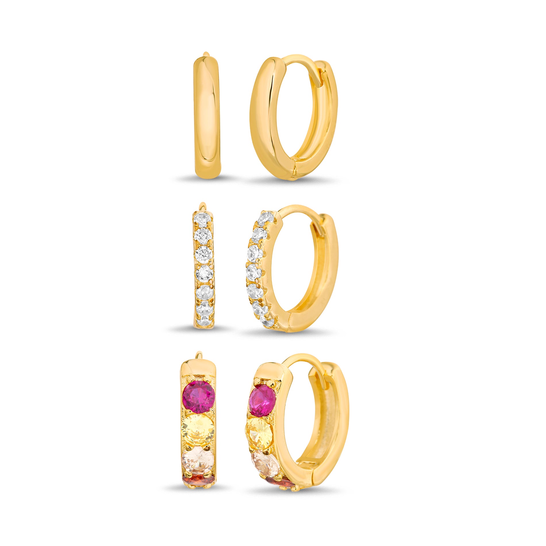 Gold Brass Multi-CZ & Pave Huggy Earring Trio