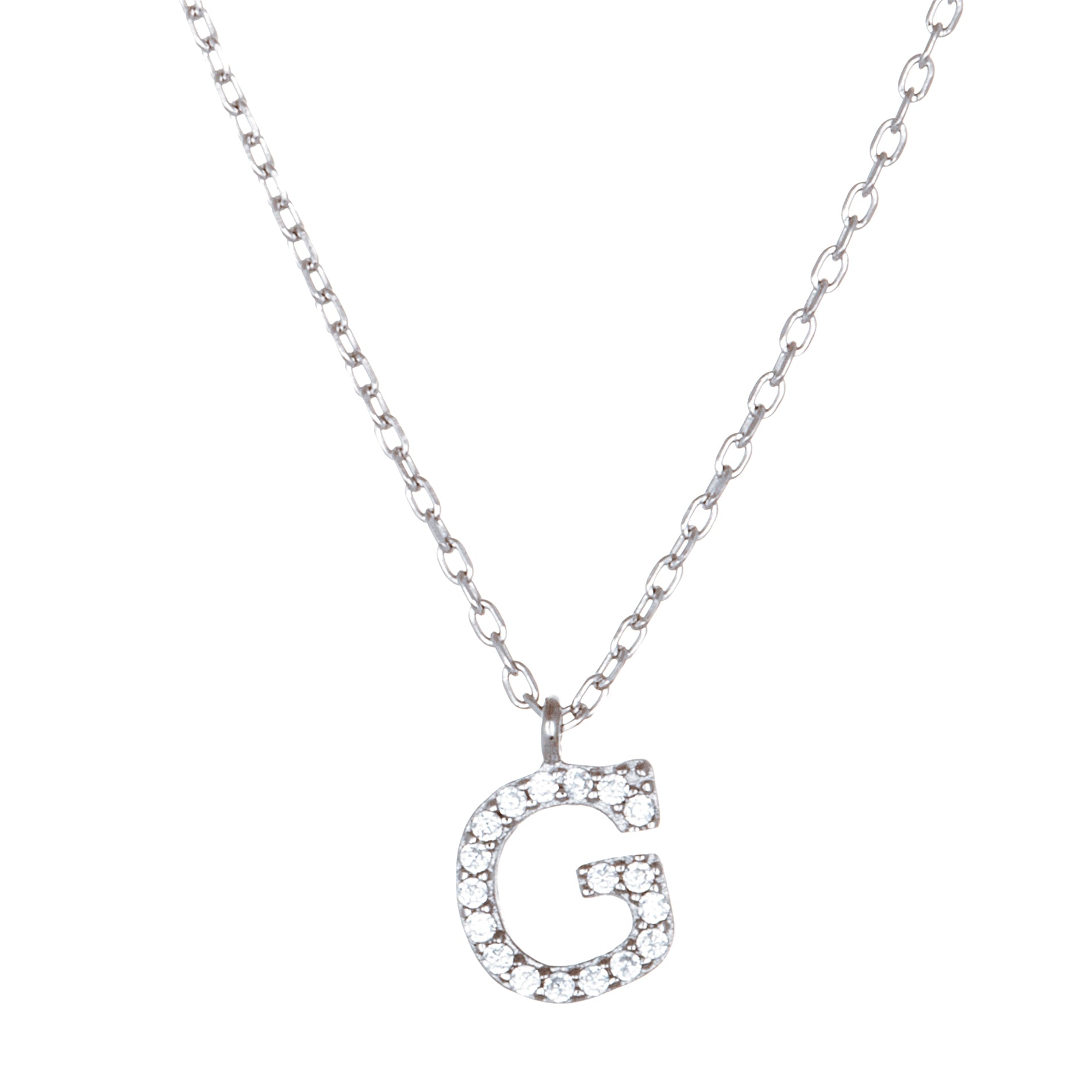 Sterling Silver Rhodium CZ Initial Pendant Cable Chain Necklace