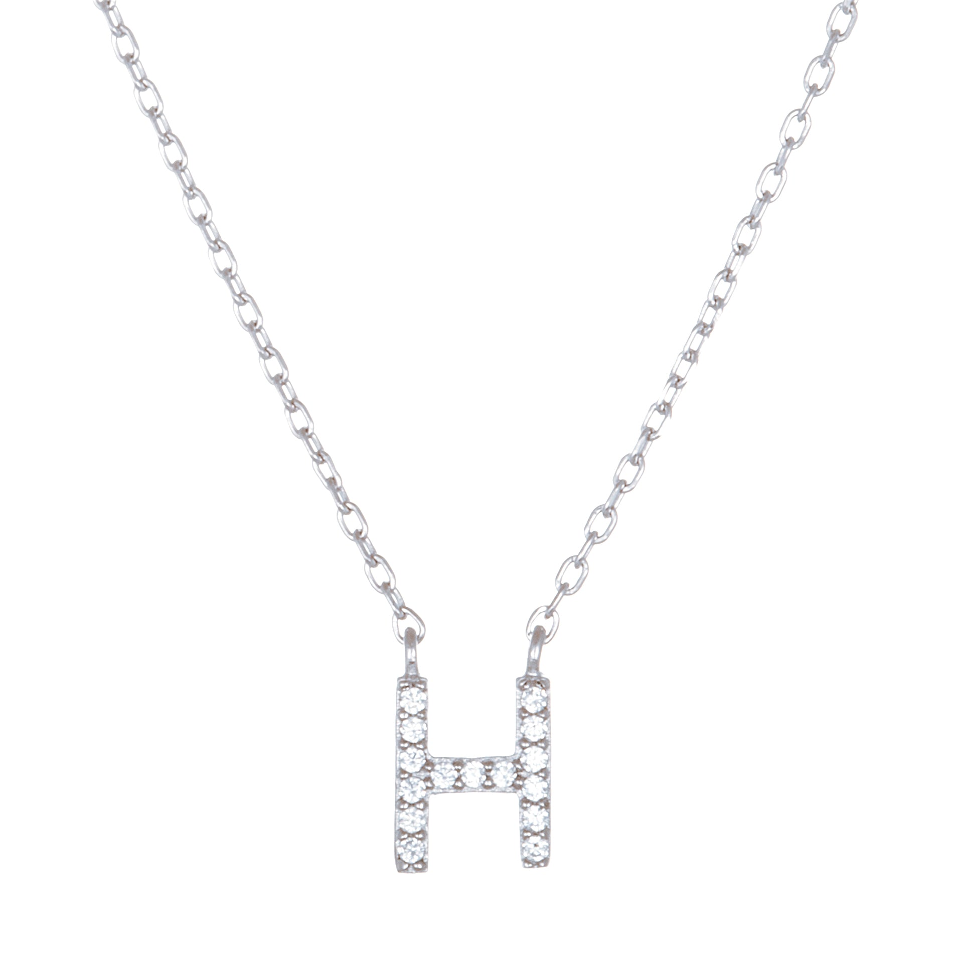 Sterling Silver Rhodium CZ Initial Pendant Cable Chain Necklace