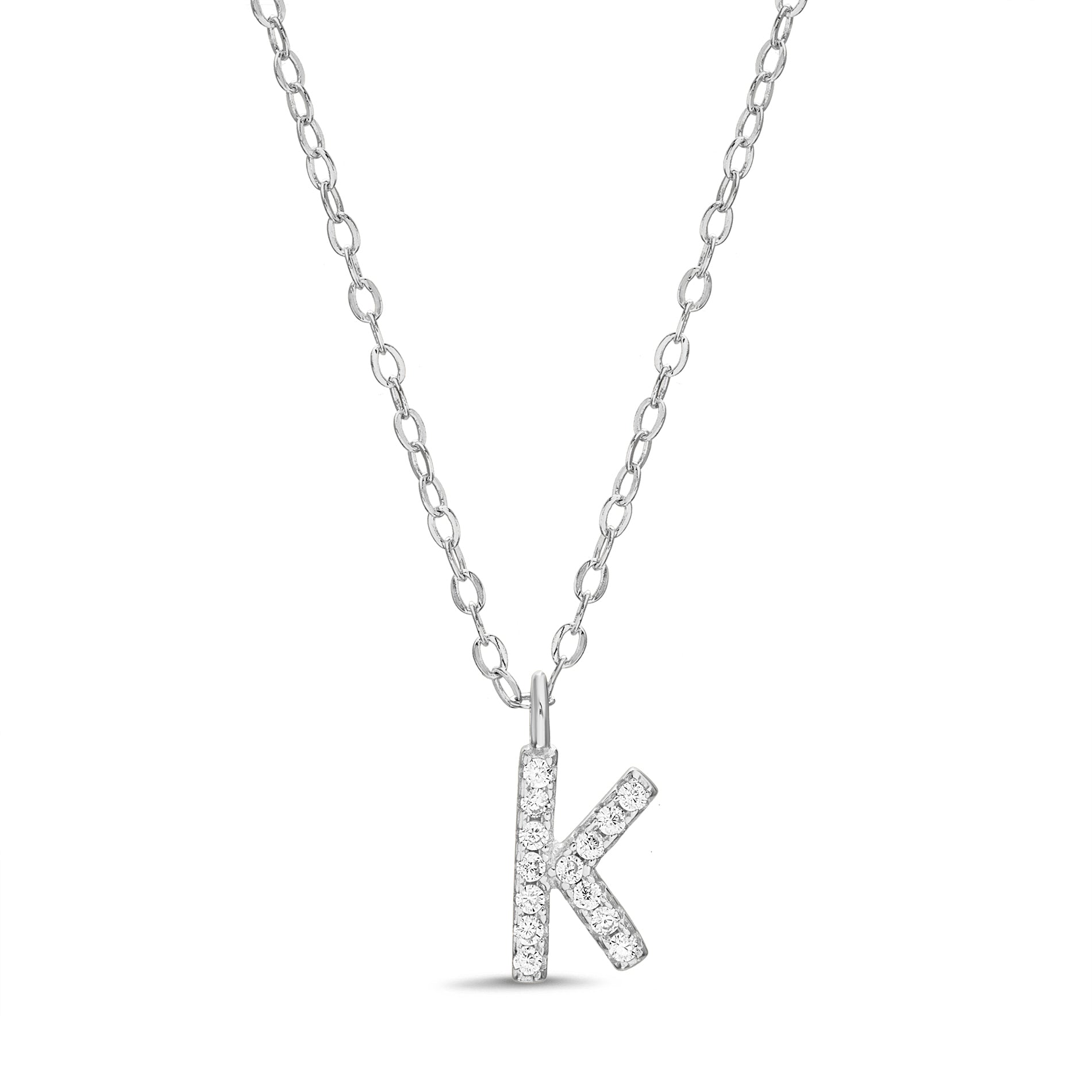 Sterling Silver Rhodium CZ Initial Pendant Cable Chain Necklace