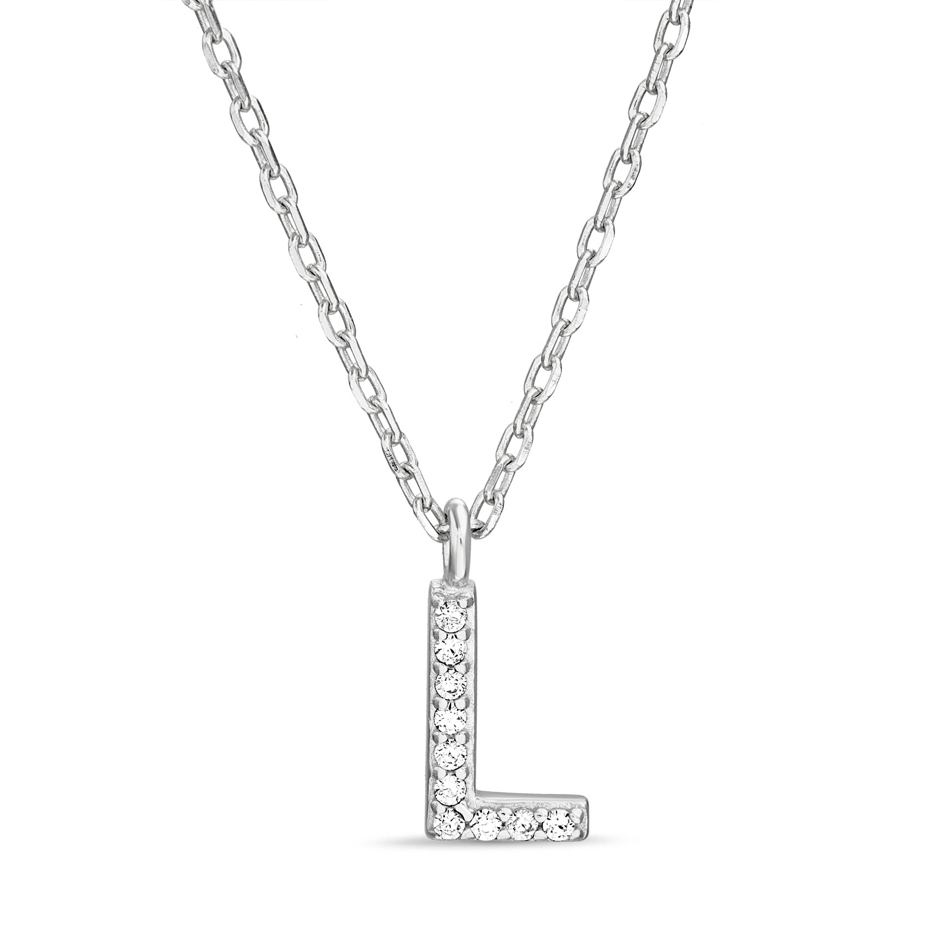 Sterling Silver Rhodium CZ Initial Pendant Cable Chain Necklace