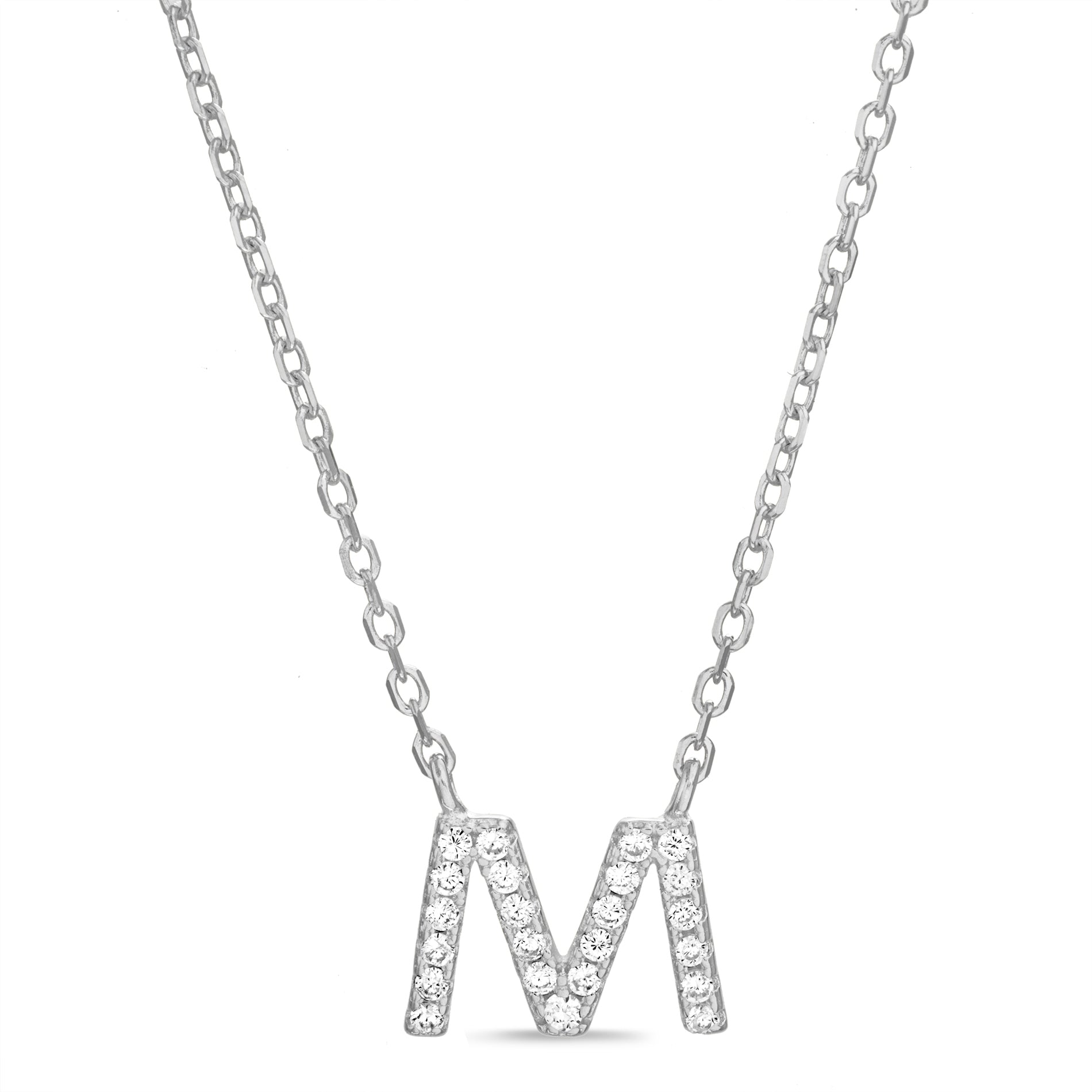 Sterling Silver Rhodium CZ Initial Pendant Cable Chain Necklace