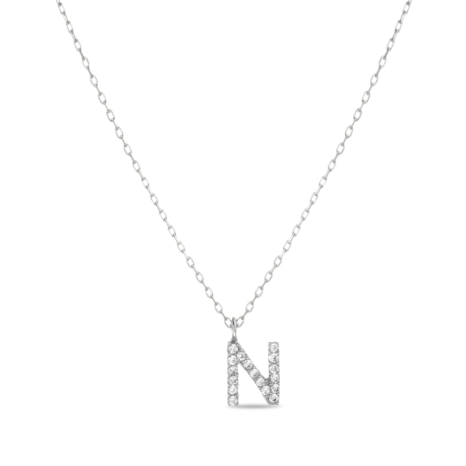 Sterling Silver Rhodium CZ Initial Pendant Cable Chain Necklace