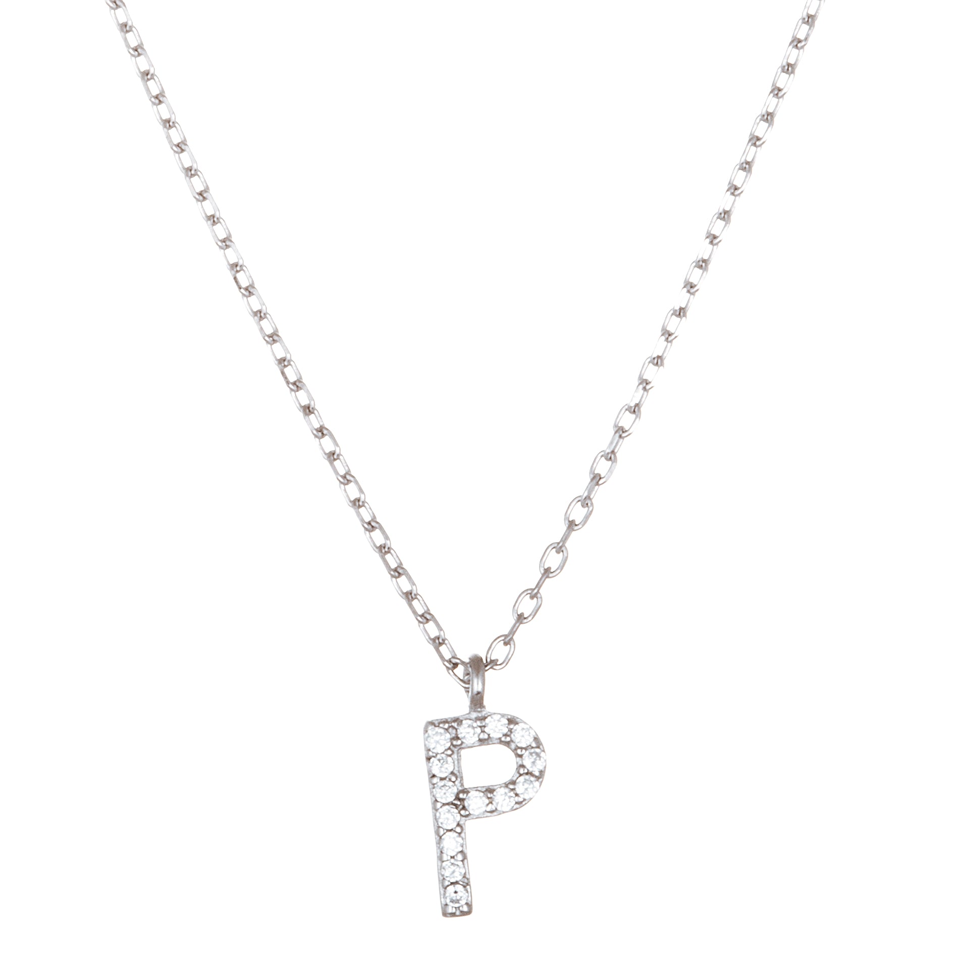 Sterling Silver Rhodium CZ Initial Pendant Cable Chain Necklace