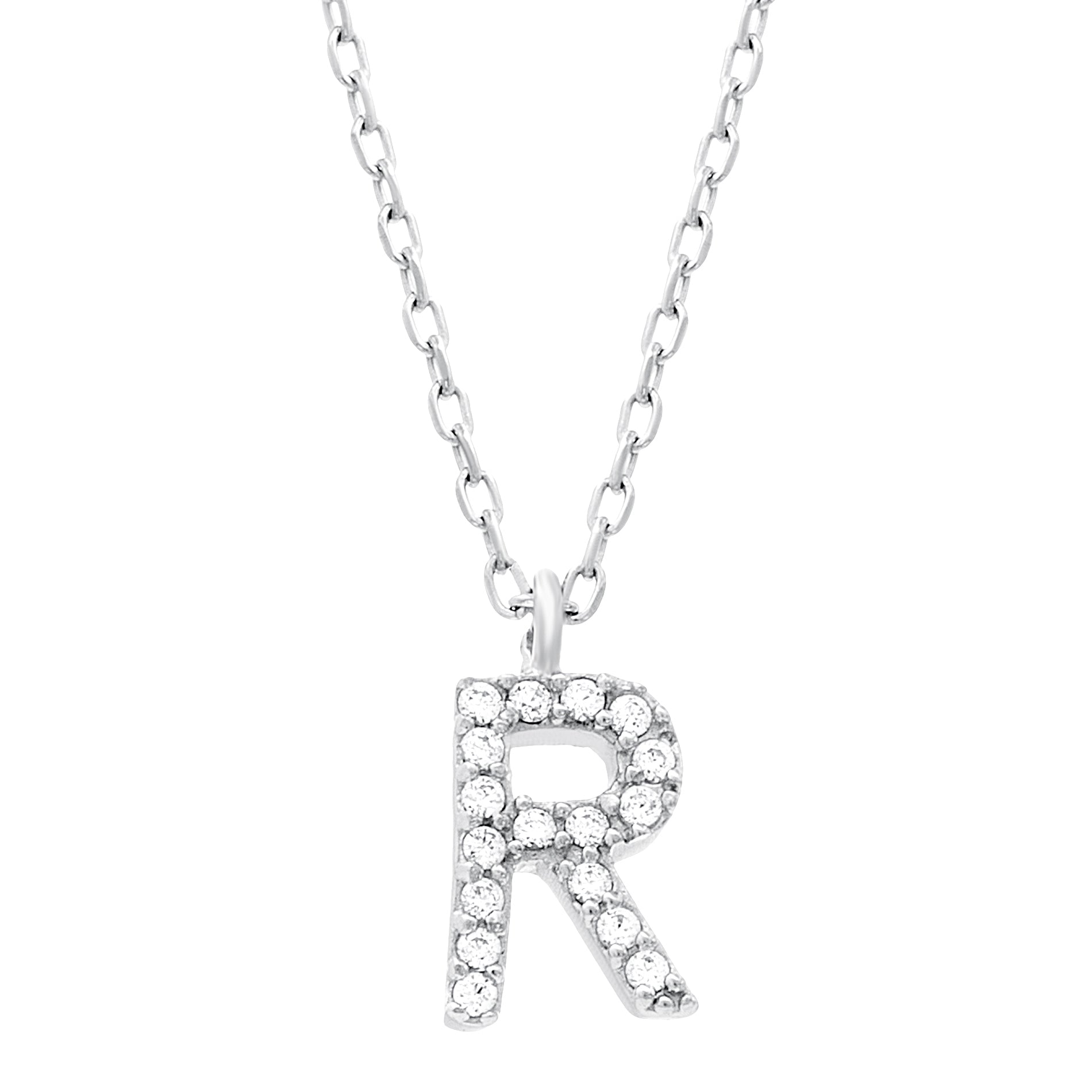 Sterling Silver Rhodium CZ Initial Pendant Cable Chain Necklace