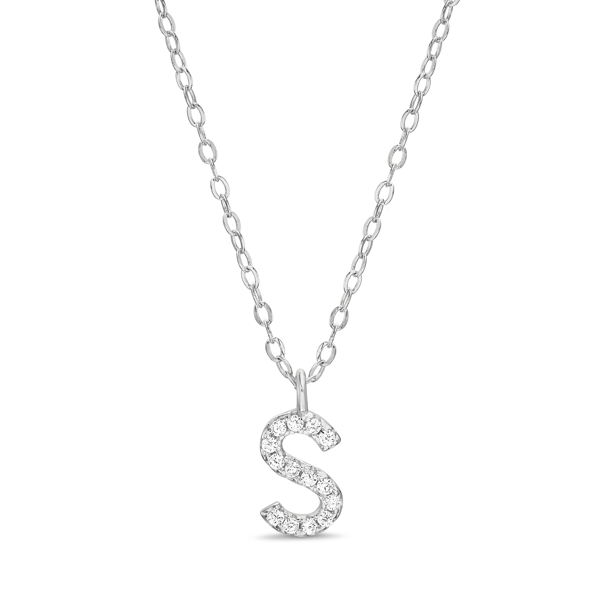 Sterling Silver Rhodium CZ Initial Pendant Cable Chain Necklace