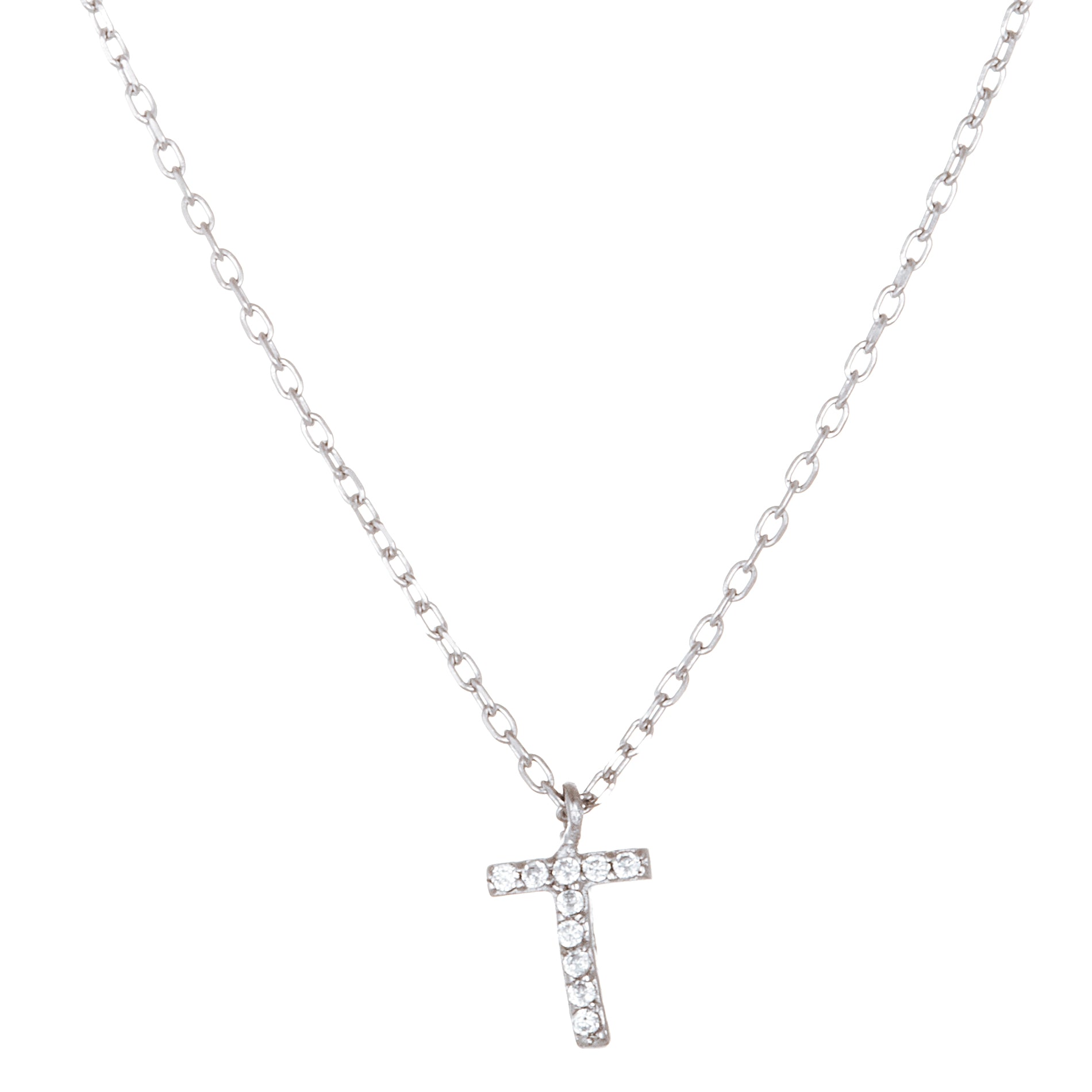 Sterling Silver Rhodium CZ Initial Pendant Cable Chain Necklace