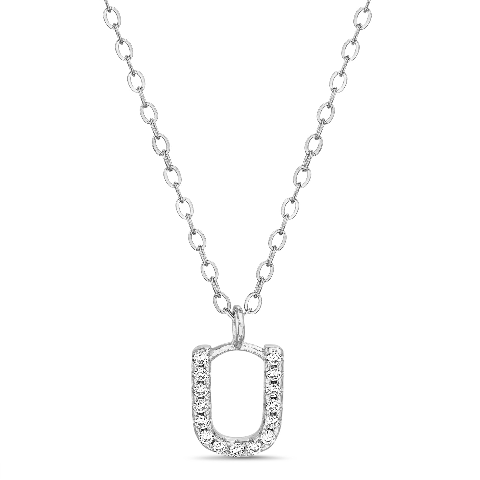 Sterling Silver Rhodium CZ Initial Pendant Cable Chain Necklace