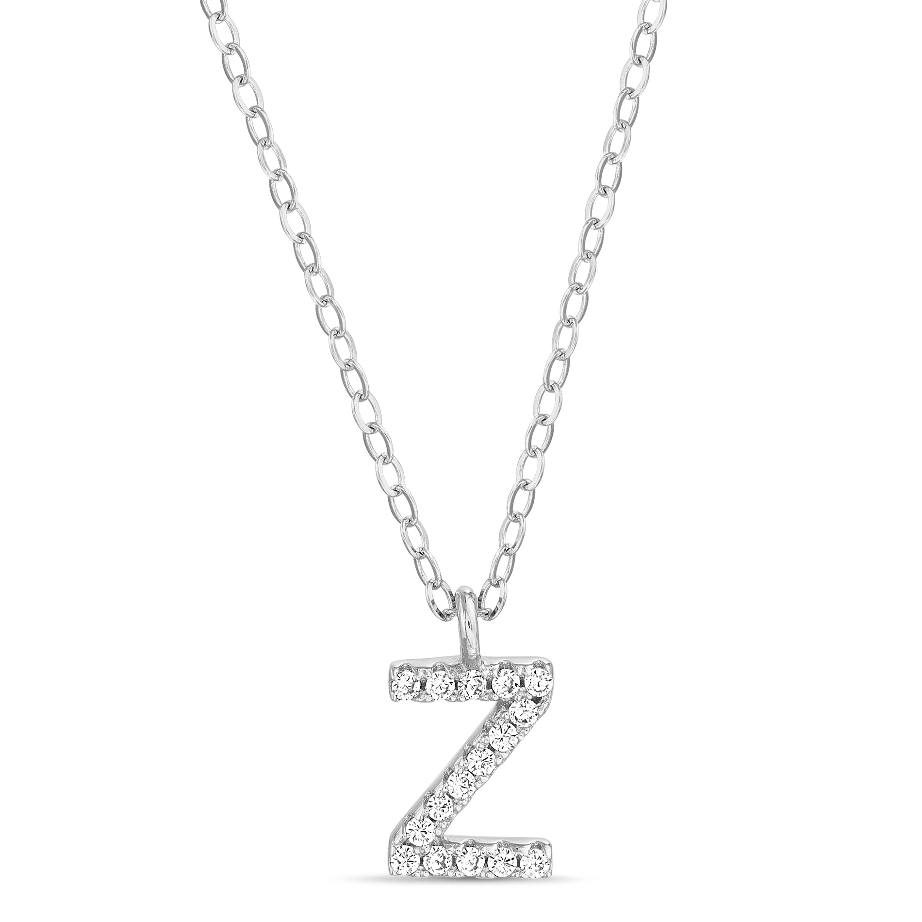 Sterling Silver Rhodium CZ Initial Pendant Cable Chain Necklace