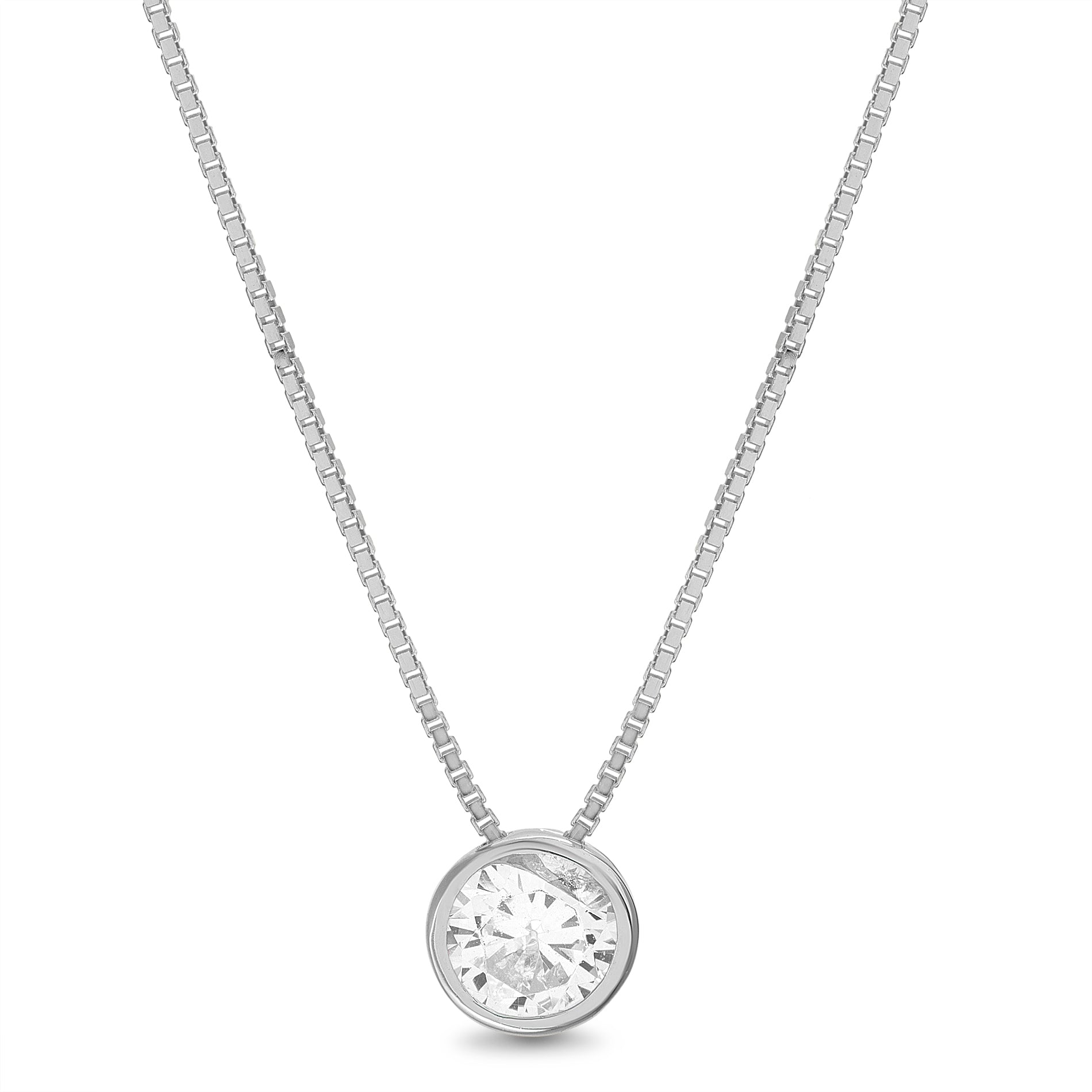 Sterling Silver Rhodium Round Basket Simulated Diamond CZ Necklace